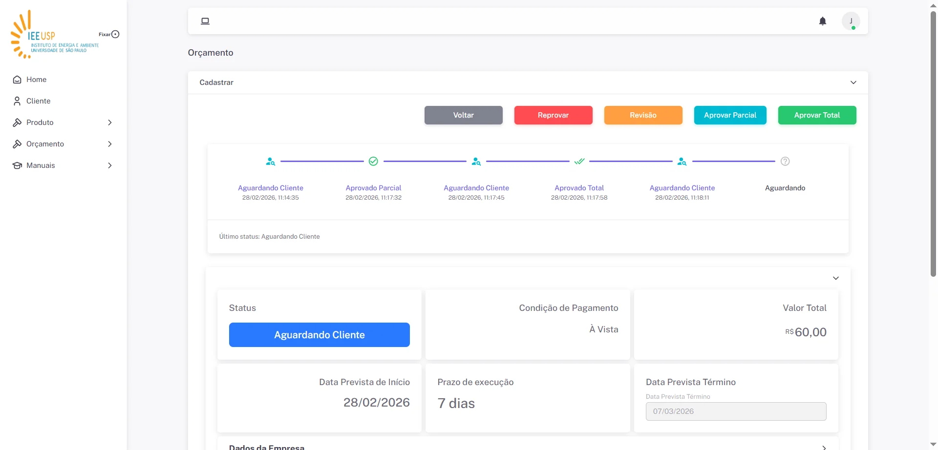 Screenshot showing Clique no botão "Revisão", esta solicitação será enviada ao IEE para análise do orçamento