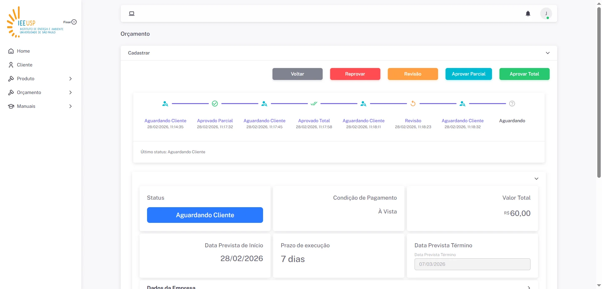 Screenshot showing Após os botões de Edição, temos a demonstração dos Status e datas/horários de envios; Dessa forma é possível validar e checar os fluxos e integrações