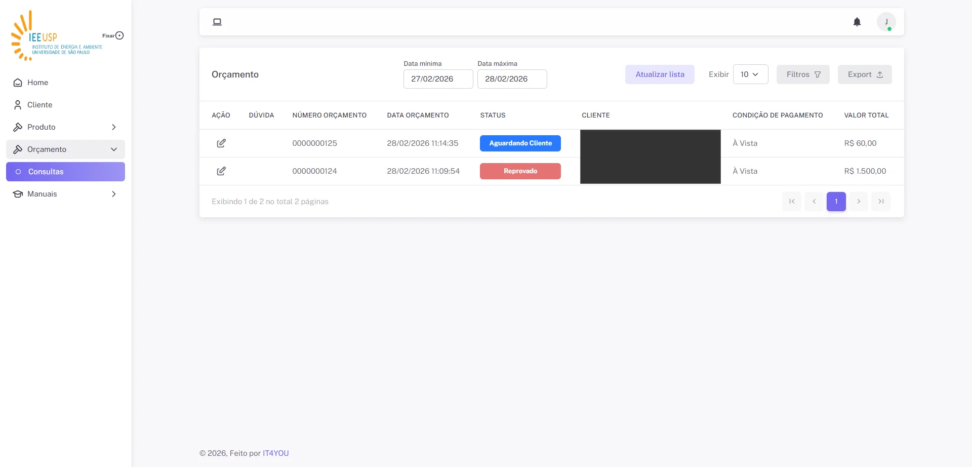 Screenshot showing Clique no botão "Editar" para alterar o status do orçamento ou responder alguma dúvida