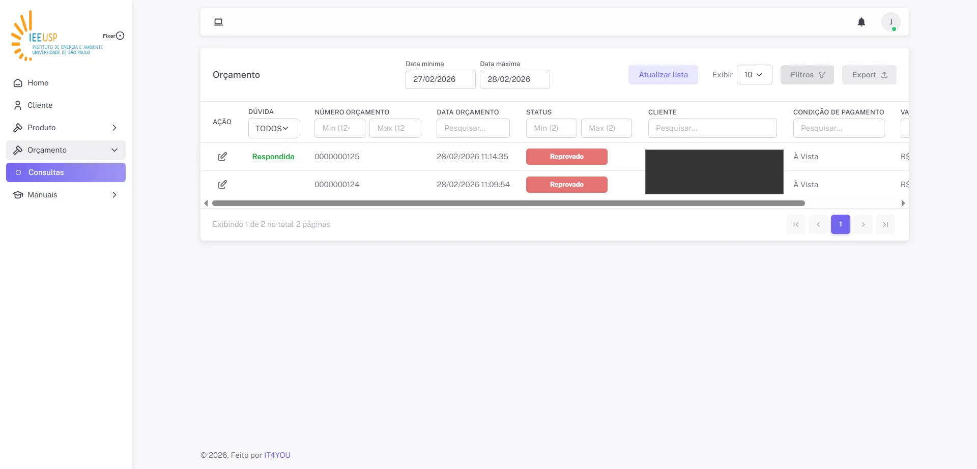 Screenshot showing Na tela de Orçamentos Clique no botão "Filtros"
