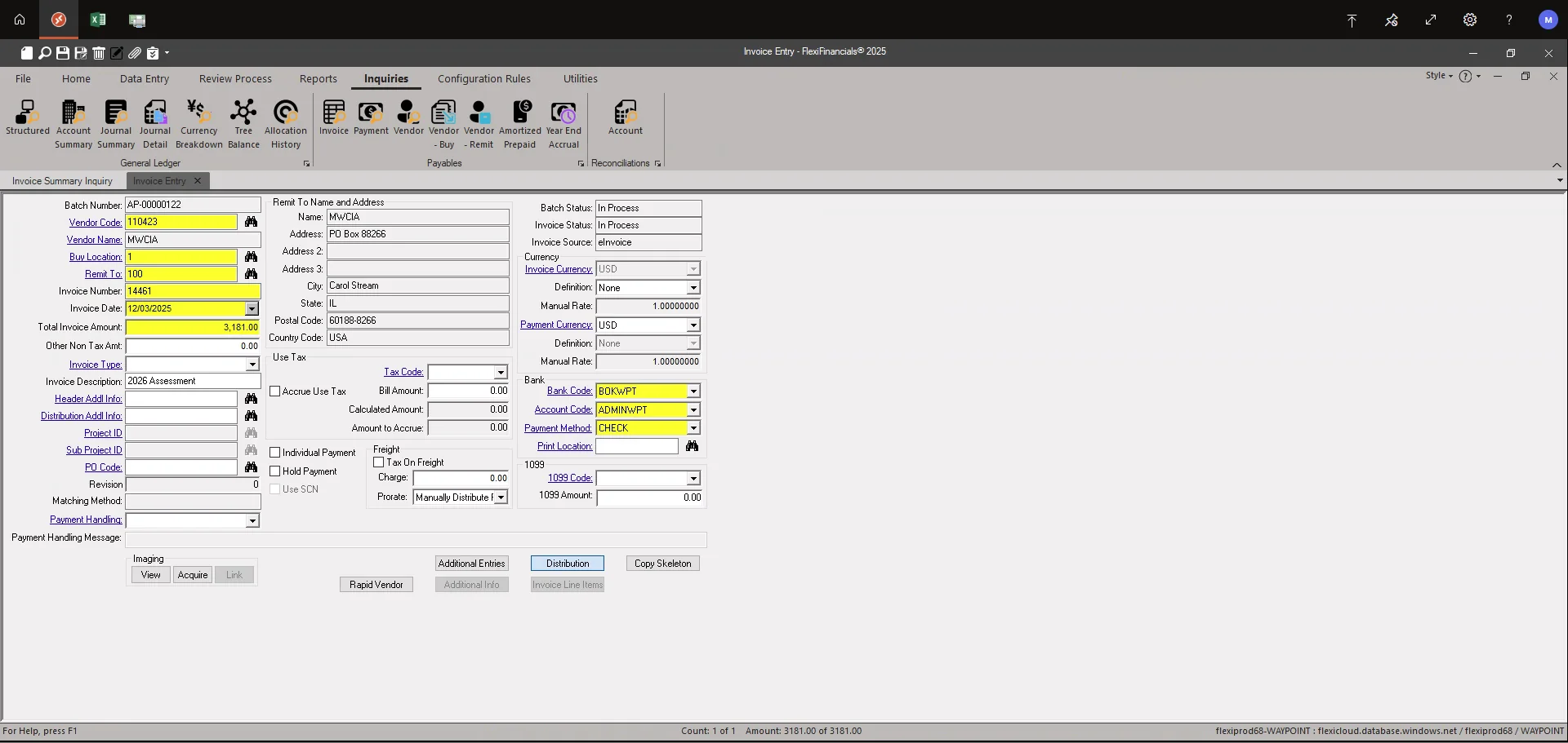 Screenshot showing Once in the invoice, click on the "distribution"