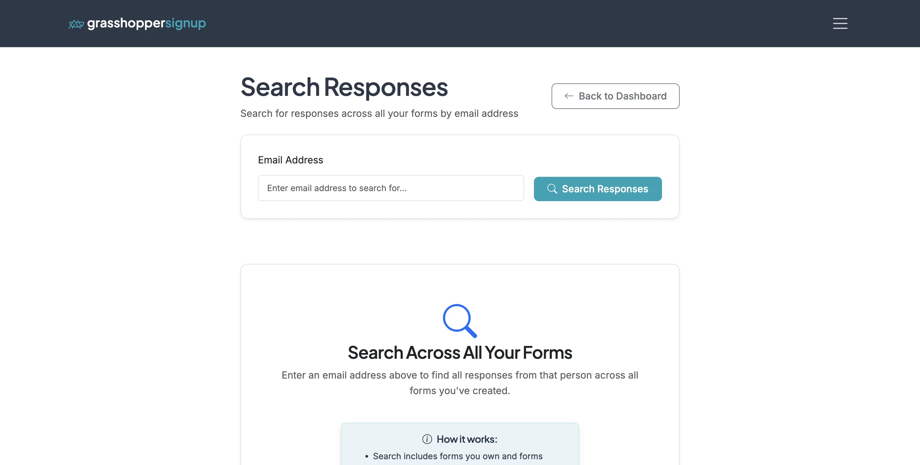 Screenshot showing Enter an email address and click 'Search Responses'.