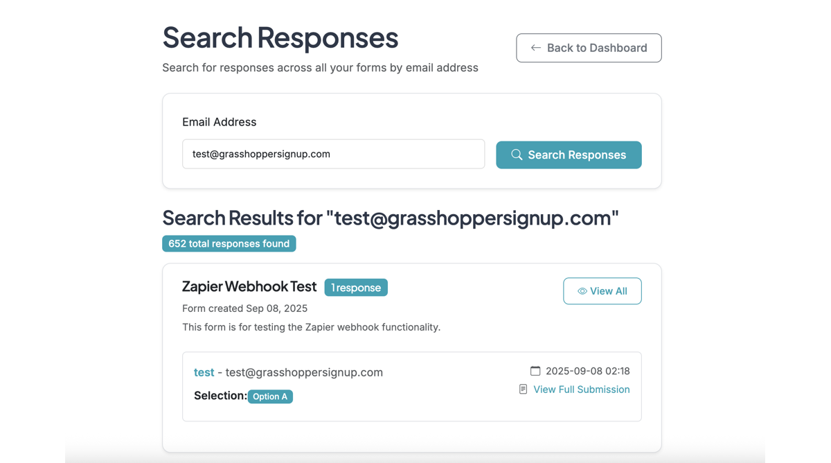 Screenshot showing Searching responses will show you all responses across your forms for the email address you search for. The results include links to view the full submission for each response or view the responses page for the form.