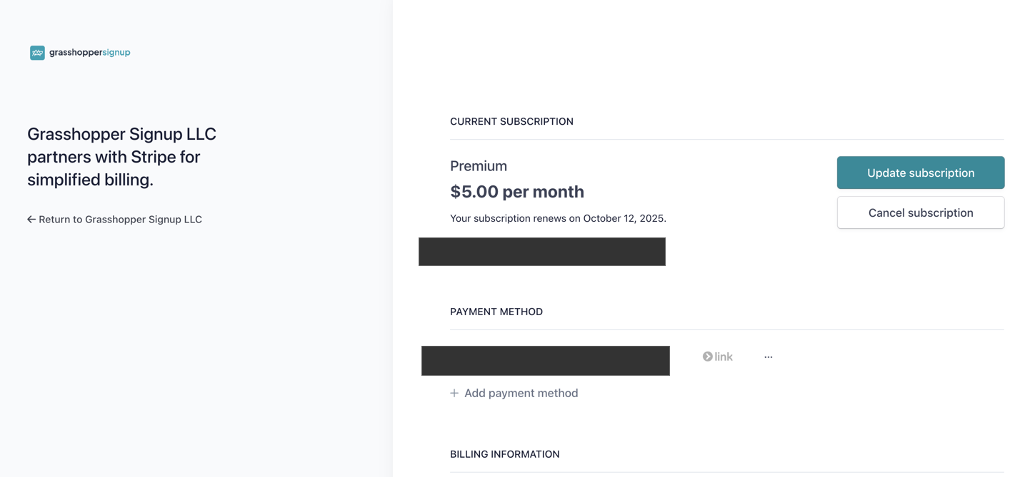 Screenshot showing Manage Premium Plan will take you to the Stripe Billing Portal where you can update payment information or Cancel your subscription.
