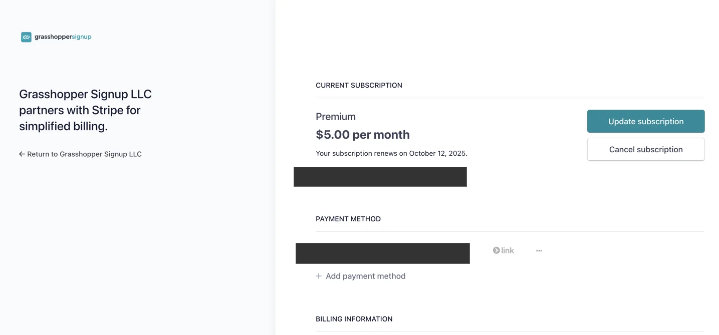 Screenshot showing You will be taken to the Stripe portal to manage your account. On this page you can change your subscription plan or click 'Cancel subscription' to cancel your plan.