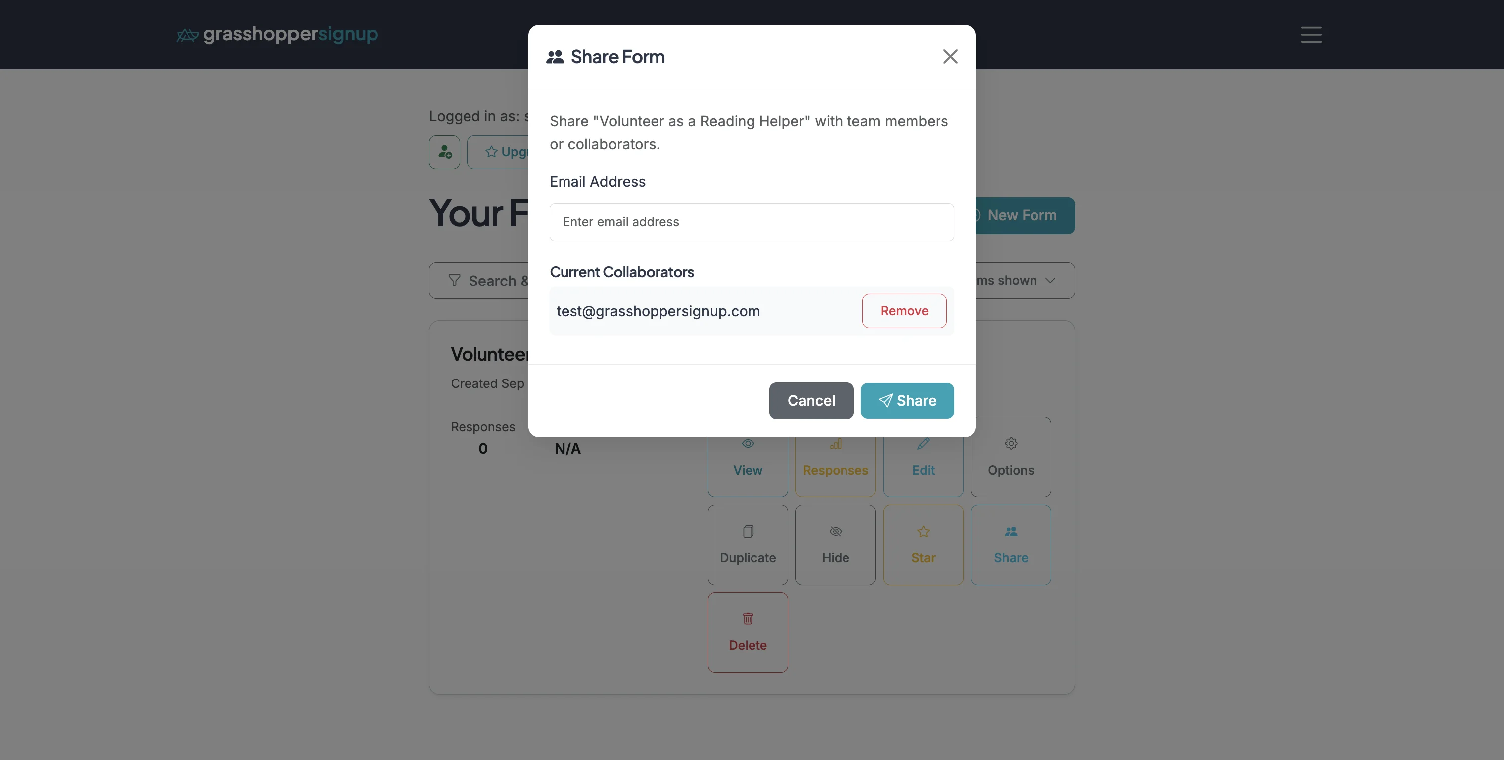 Screenshot showing You can also share individual forms with users using the 'Share' button on any form in your Dashboard.