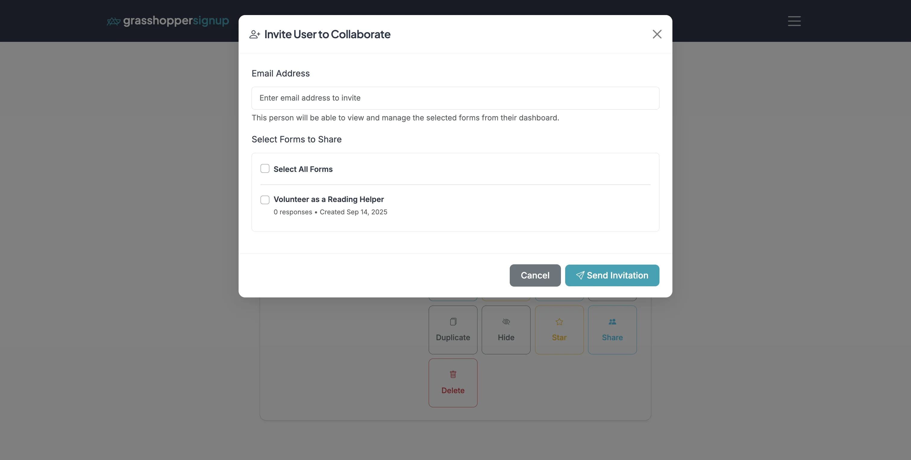 Screenshot showing Enter the email address of for the user or teammate you would like to share with. Select the form(s) you want to share.