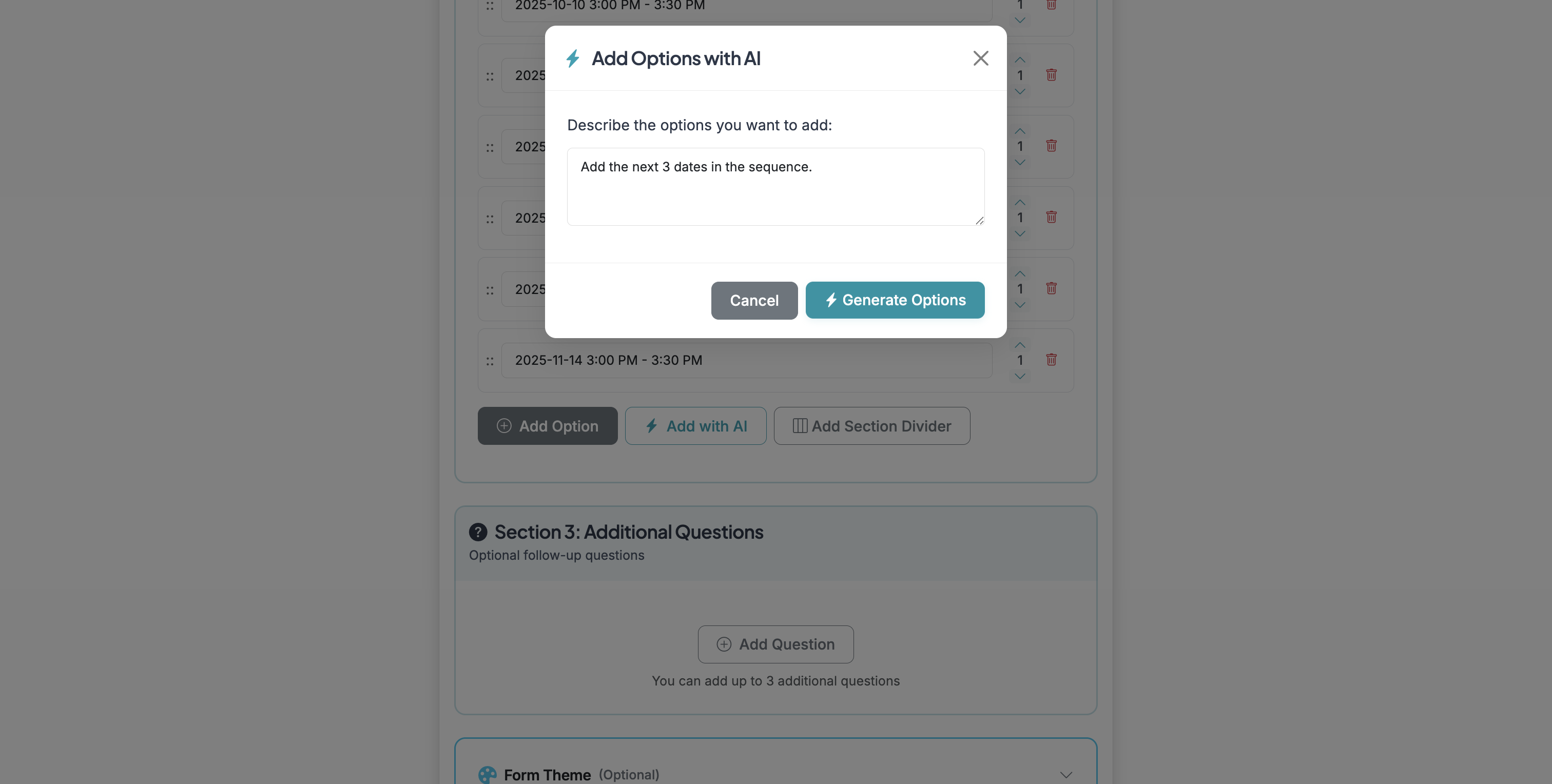 Screenshot showing Type in a description of the options you want to add. Then click 'Generate Options'.