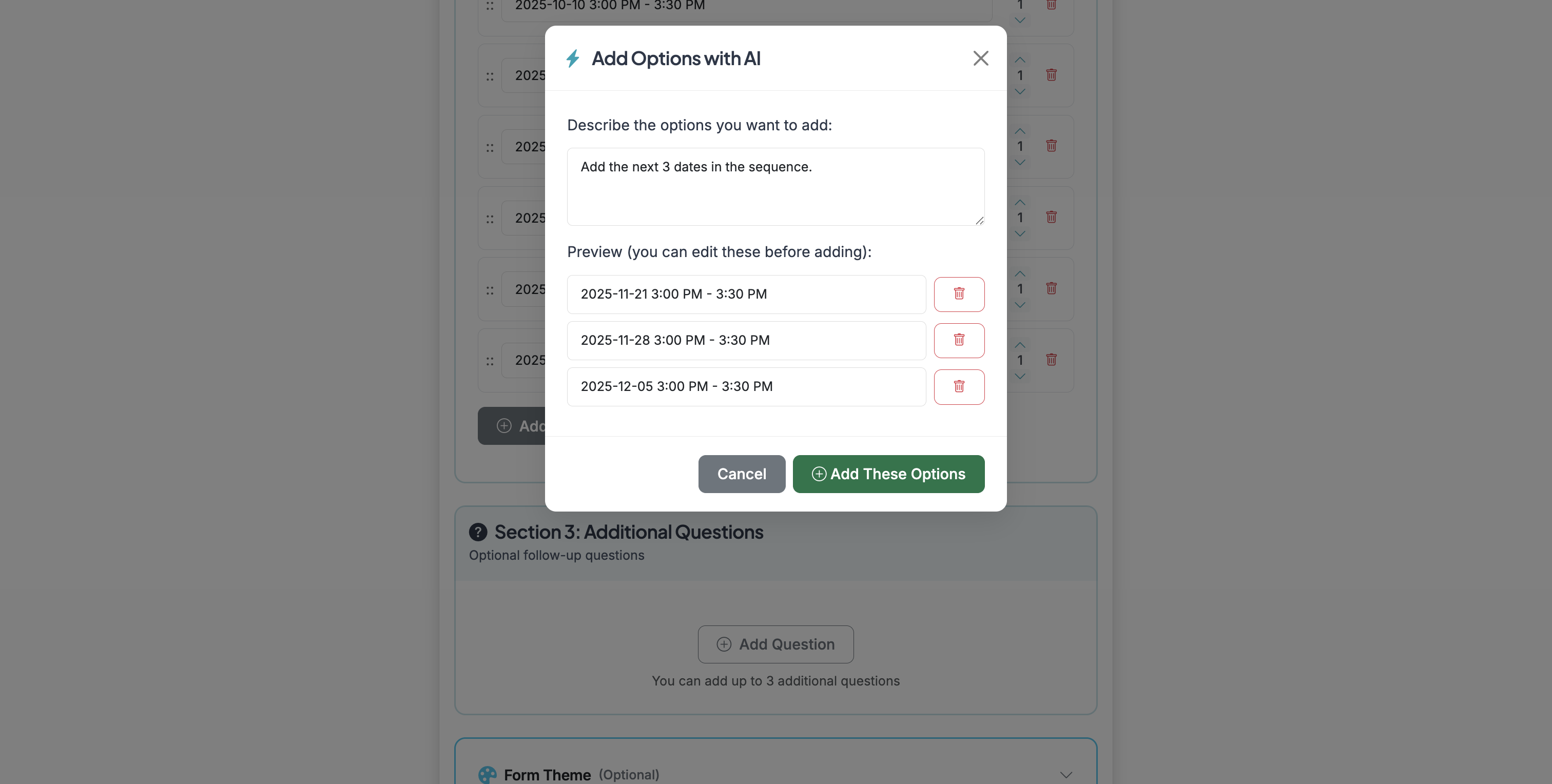 Screenshot showing Review the suggestion options and make any desired modifications. Then select 'Add These Options'.