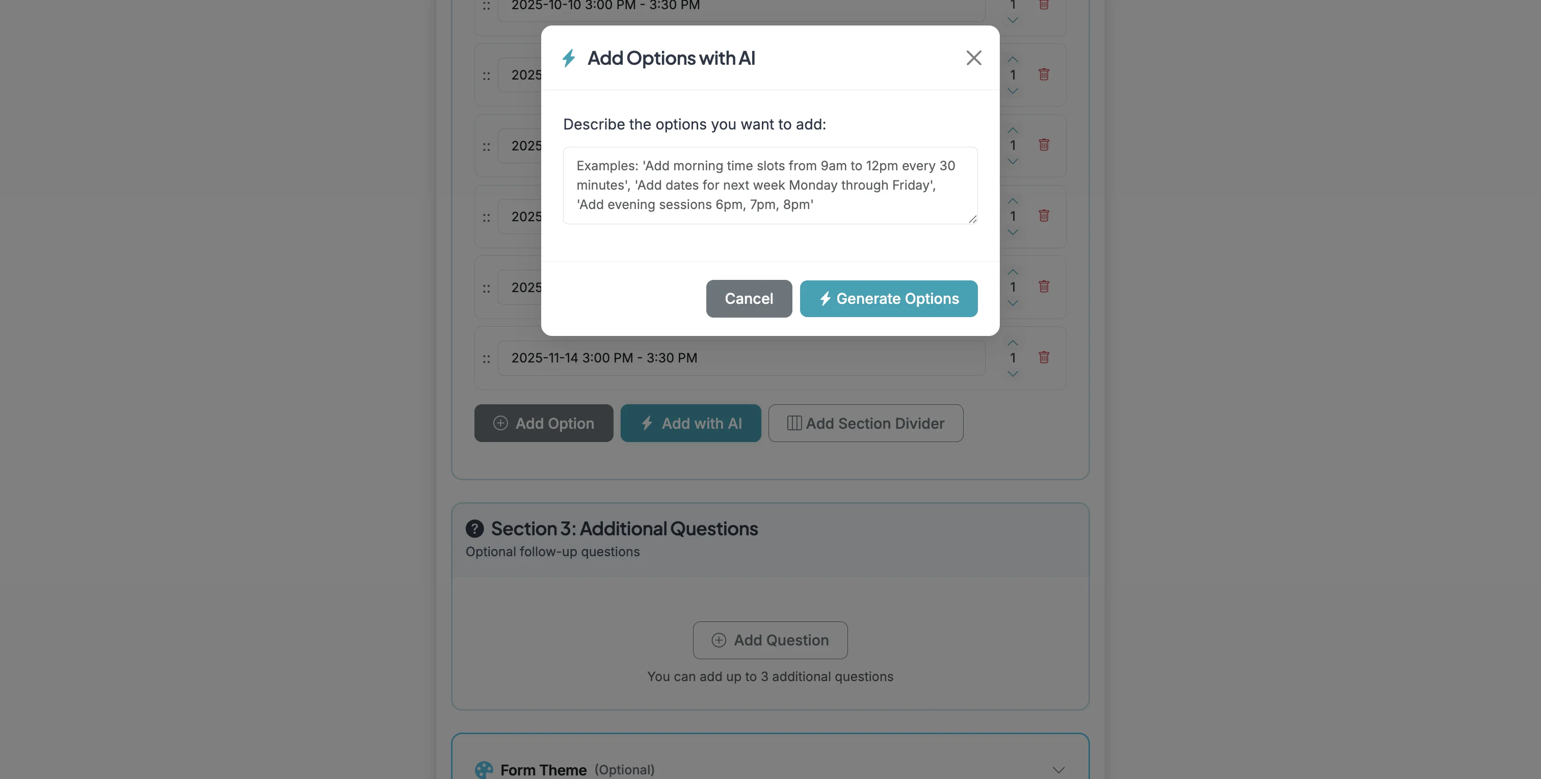 Screenshot showing You will see a modal to describe the option(s) you want to add.