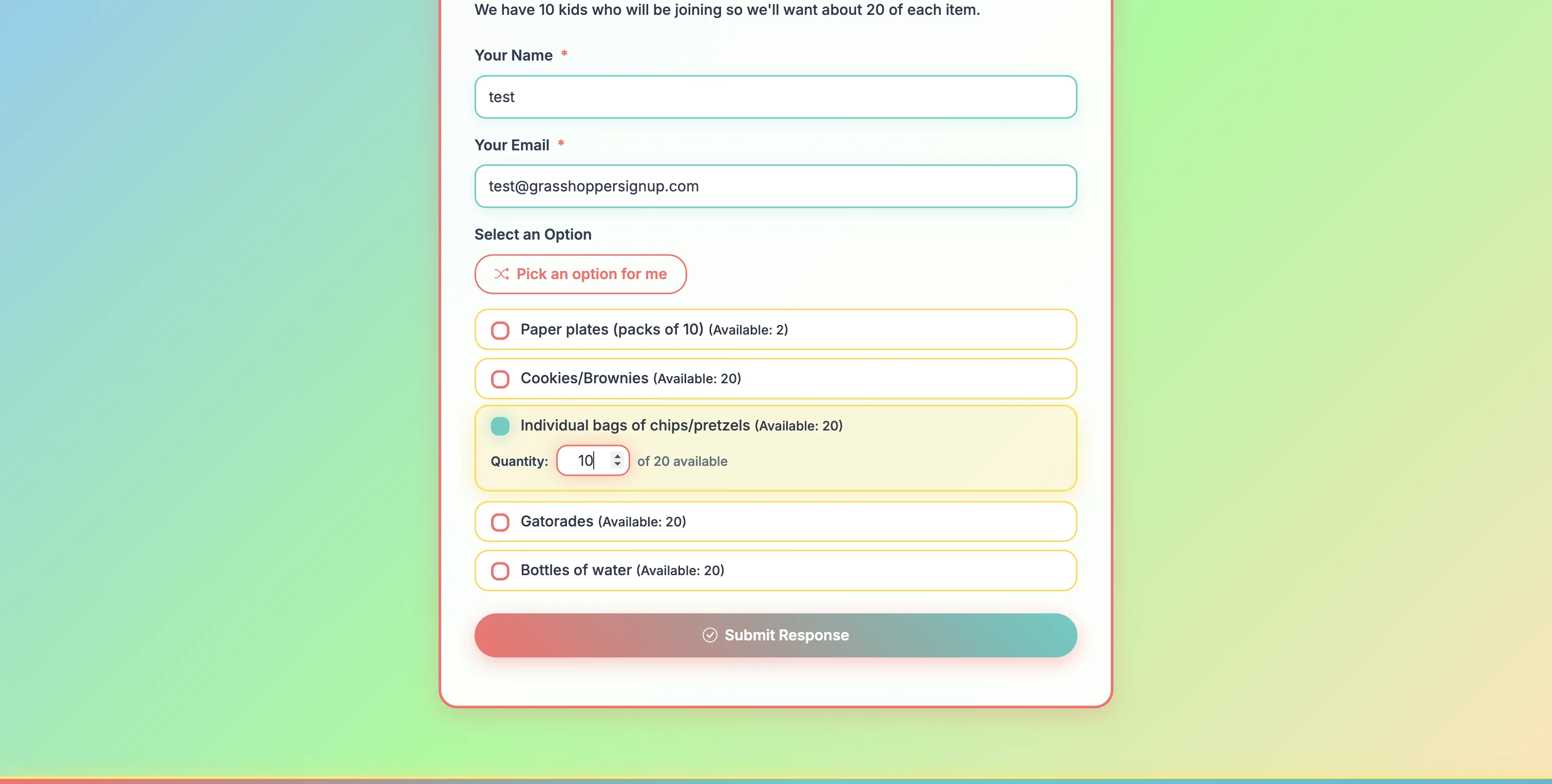 Screenshot showing When respondents view your form and select an option, they will be able to input a quantity.