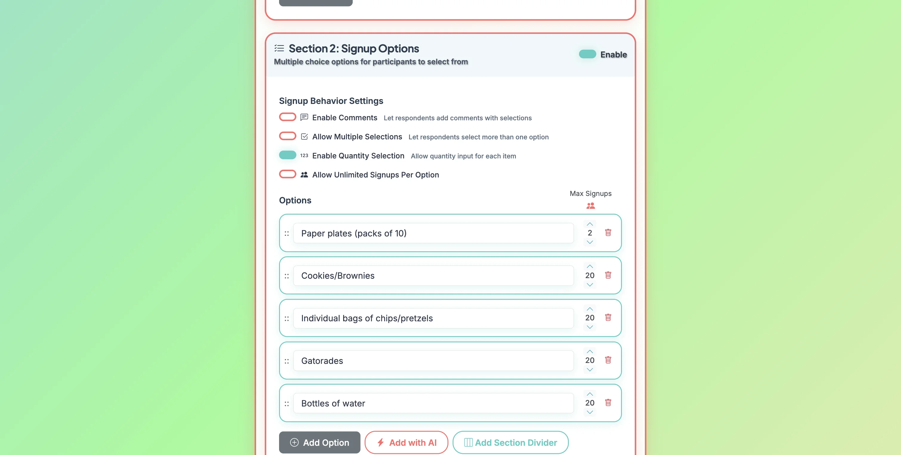 Screenshot showing Click the option to Enable Quantity Selection. This will allow respondents to input a quantity when they select an option.