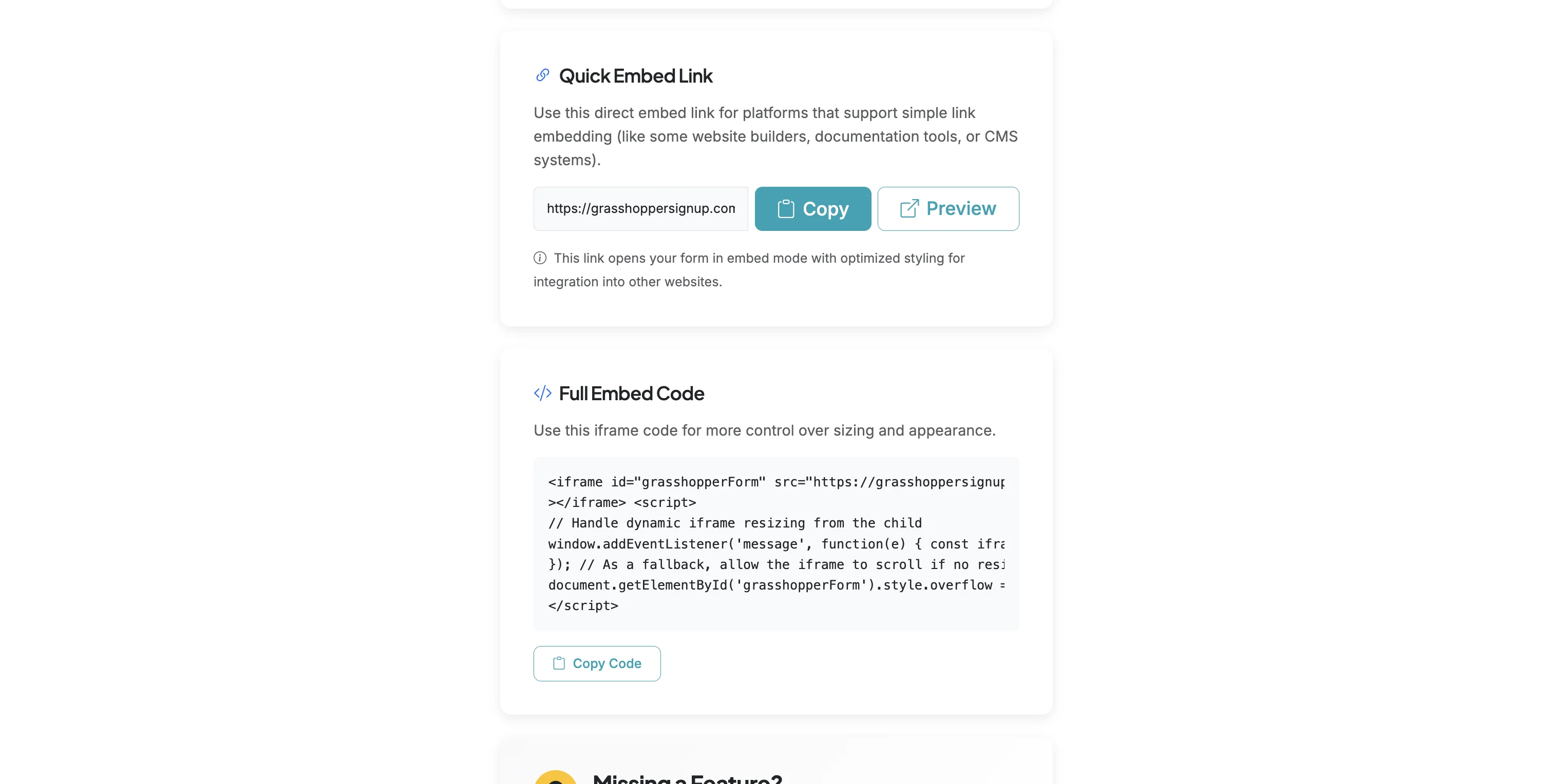 Screenshot showing Scroll down to the Embed section and copy the link for Quick Embed Link (or you can use the Full Embed Code if you prefer).