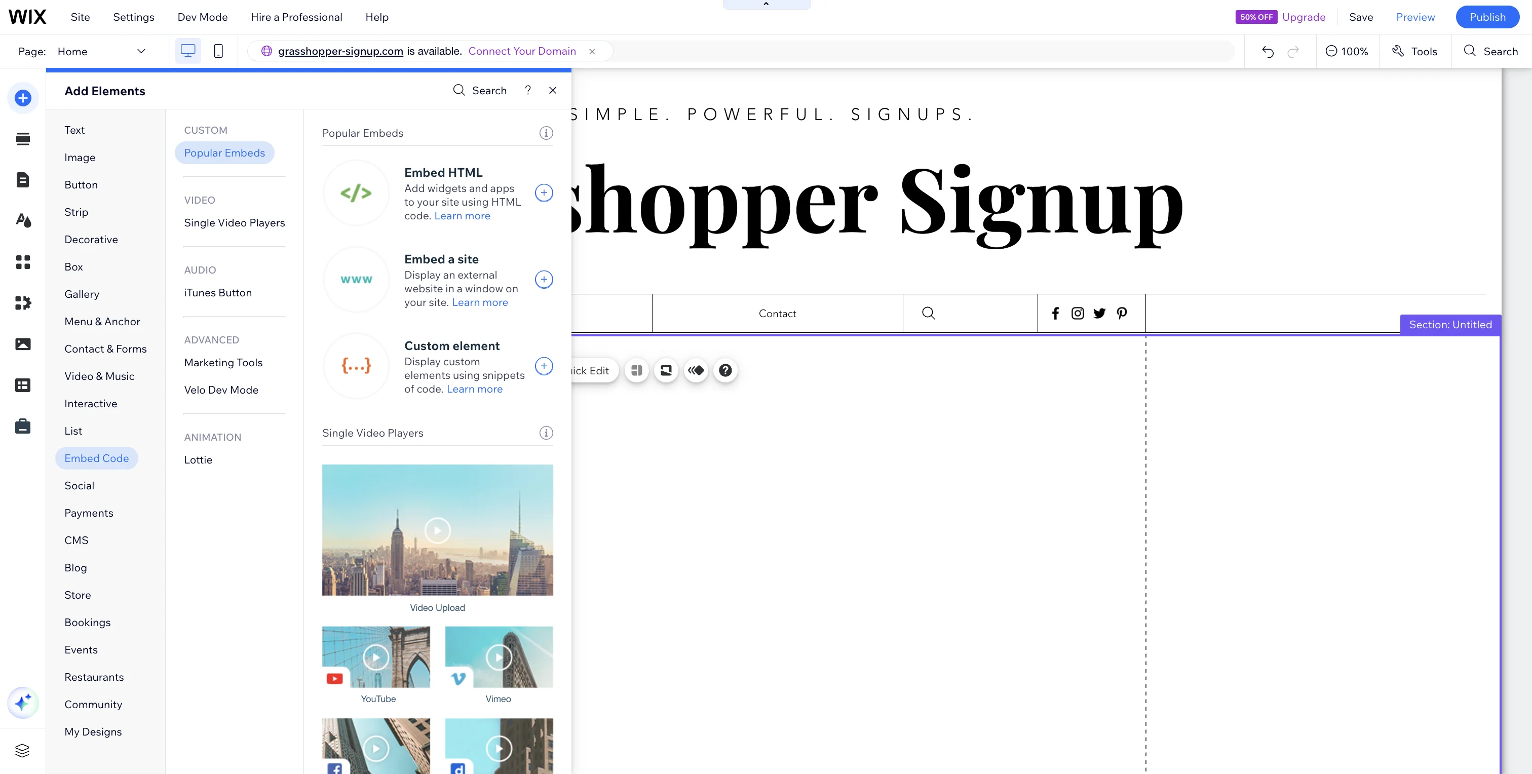 Screenshot showing Click on 'Add Elements' and then 'Embed HTML'.