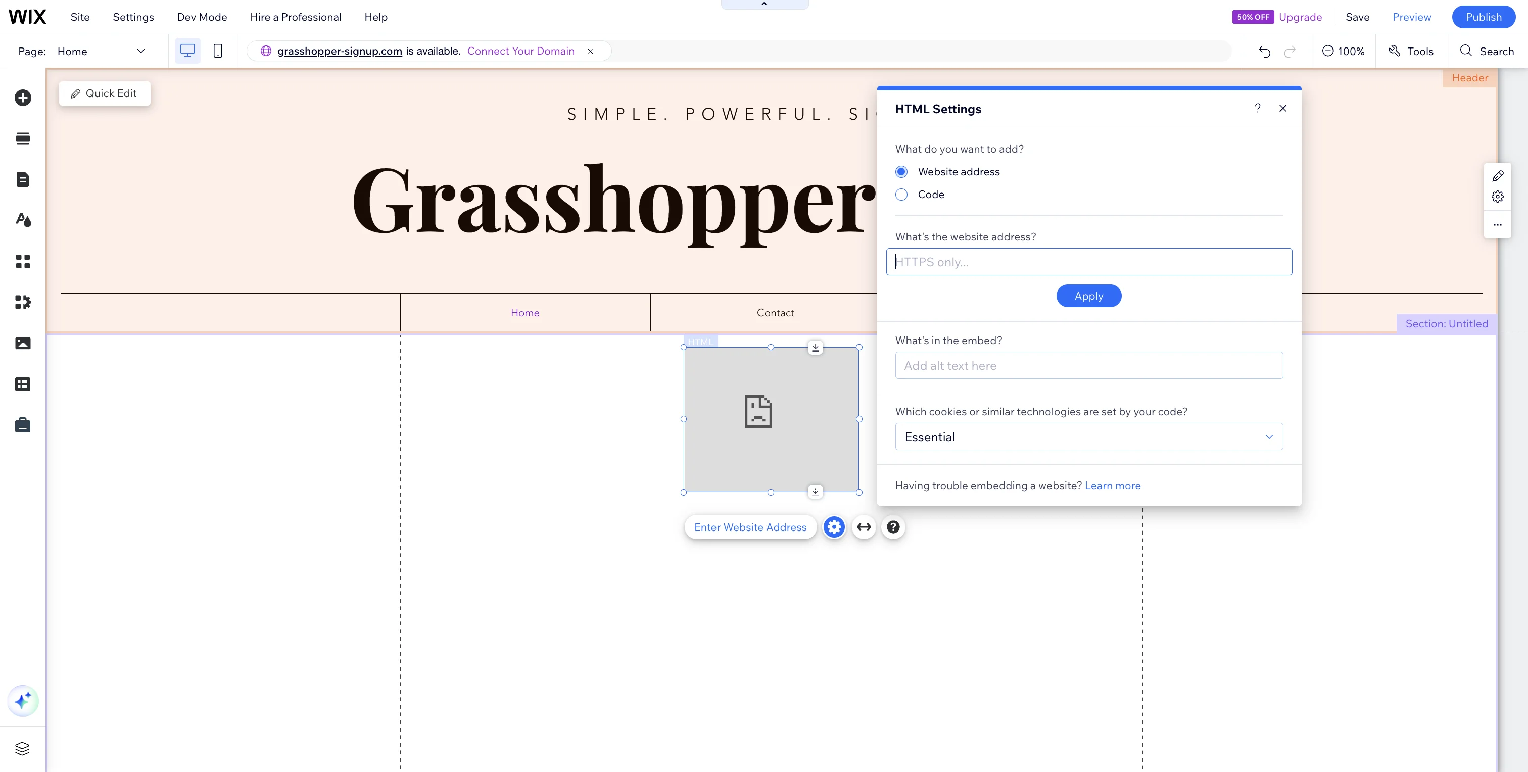 Screenshot showing Grasshopper provides a Quick Embed URL (Website address) or full Embed Code (Code). The simplest method is to select 'Website addess'.
