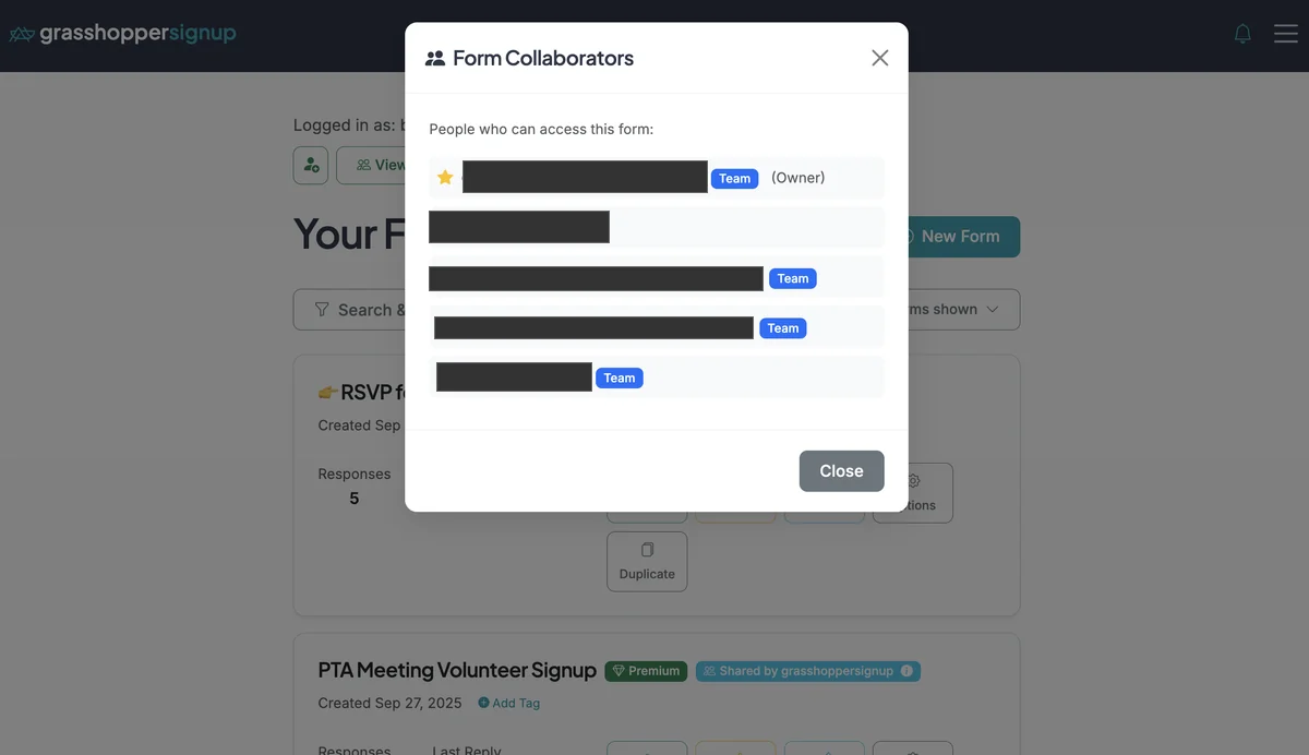 Screenshot showing This will show you Form Collaborators. Team members have "Team" badges. Collaborators without a "Team" badge are not members of your Premium Team.
