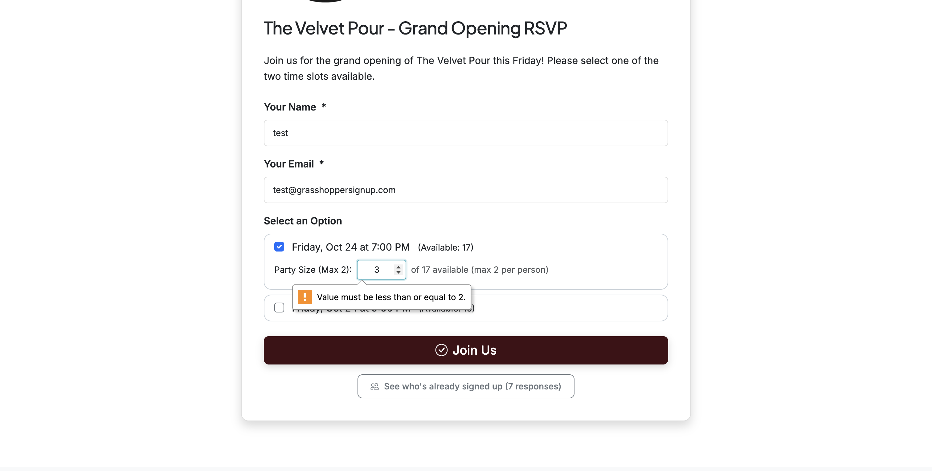 Screenshot showing Form validation prevents submitting more than the Max quantity allowed.