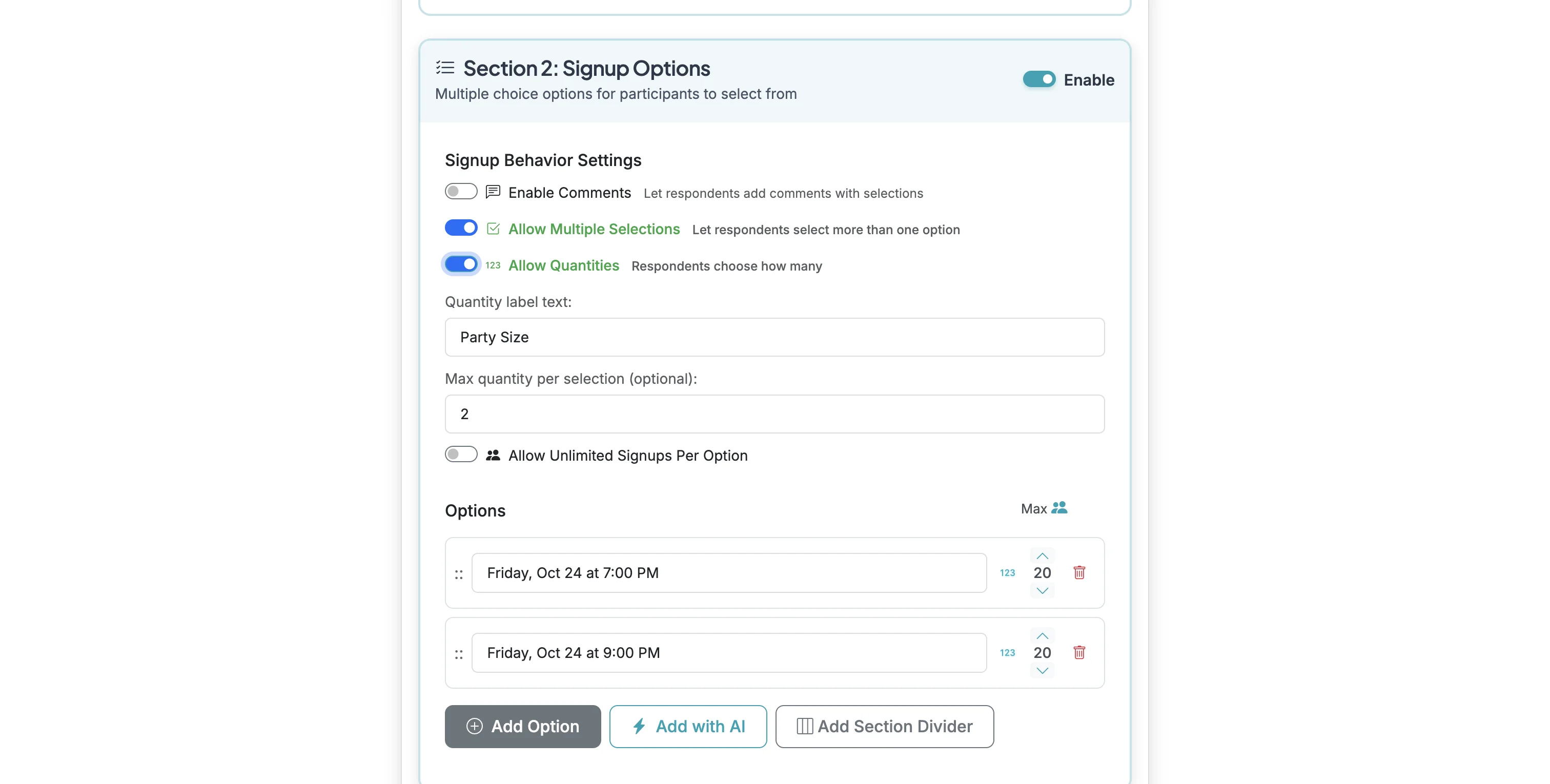 Screenshot showing Turn on the "Allow Quantities" toggle.
