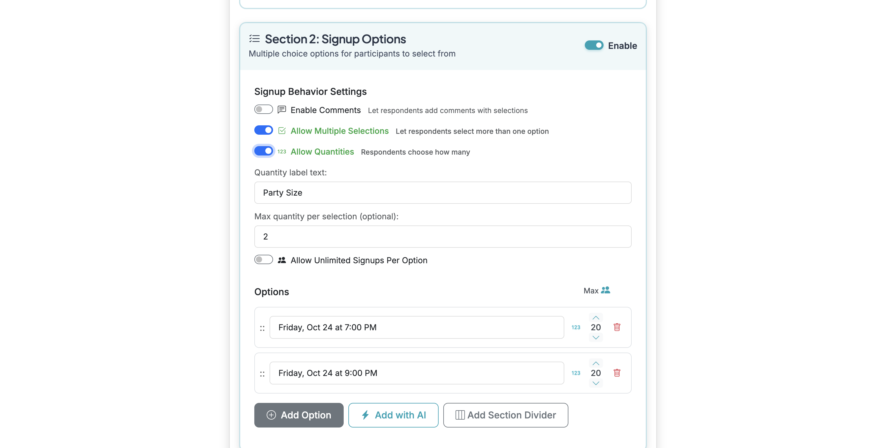 Screenshot showing When you Allow Quantities, you can set the help text label that respondents will see as well as set a Max quantity per selection (leave this blank if you do not want to specify a Max).