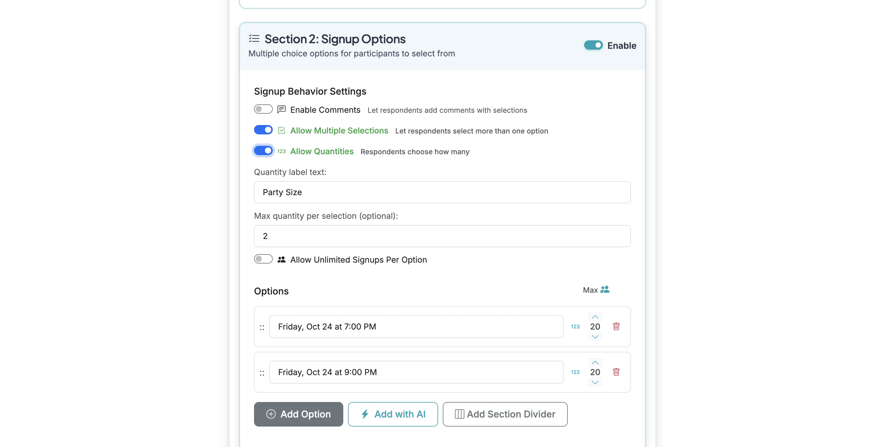 Screenshot showing When you Allow Quantities, you can set the help text label that respondents will see as well as set a Max quantity per selection (leave this blank if you do not want to specify a Max).