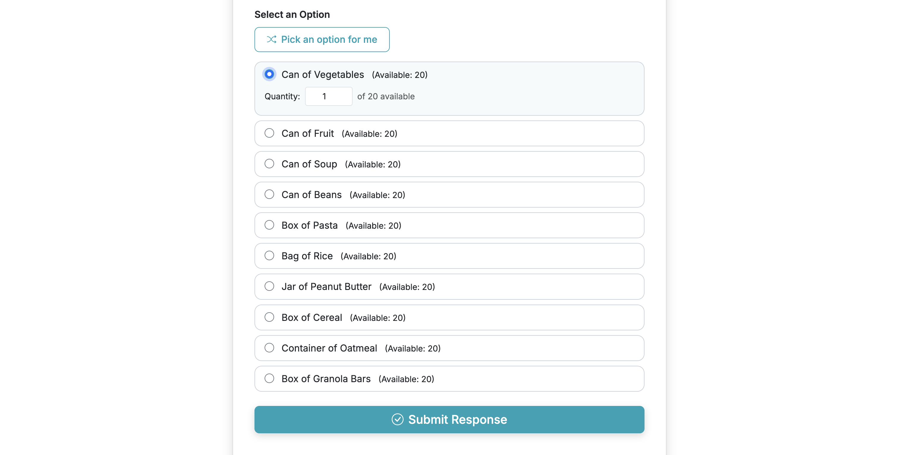 Screenshot showing If quantities are enabled, respondents will be able to enter the quantity they plan to bring/provide.