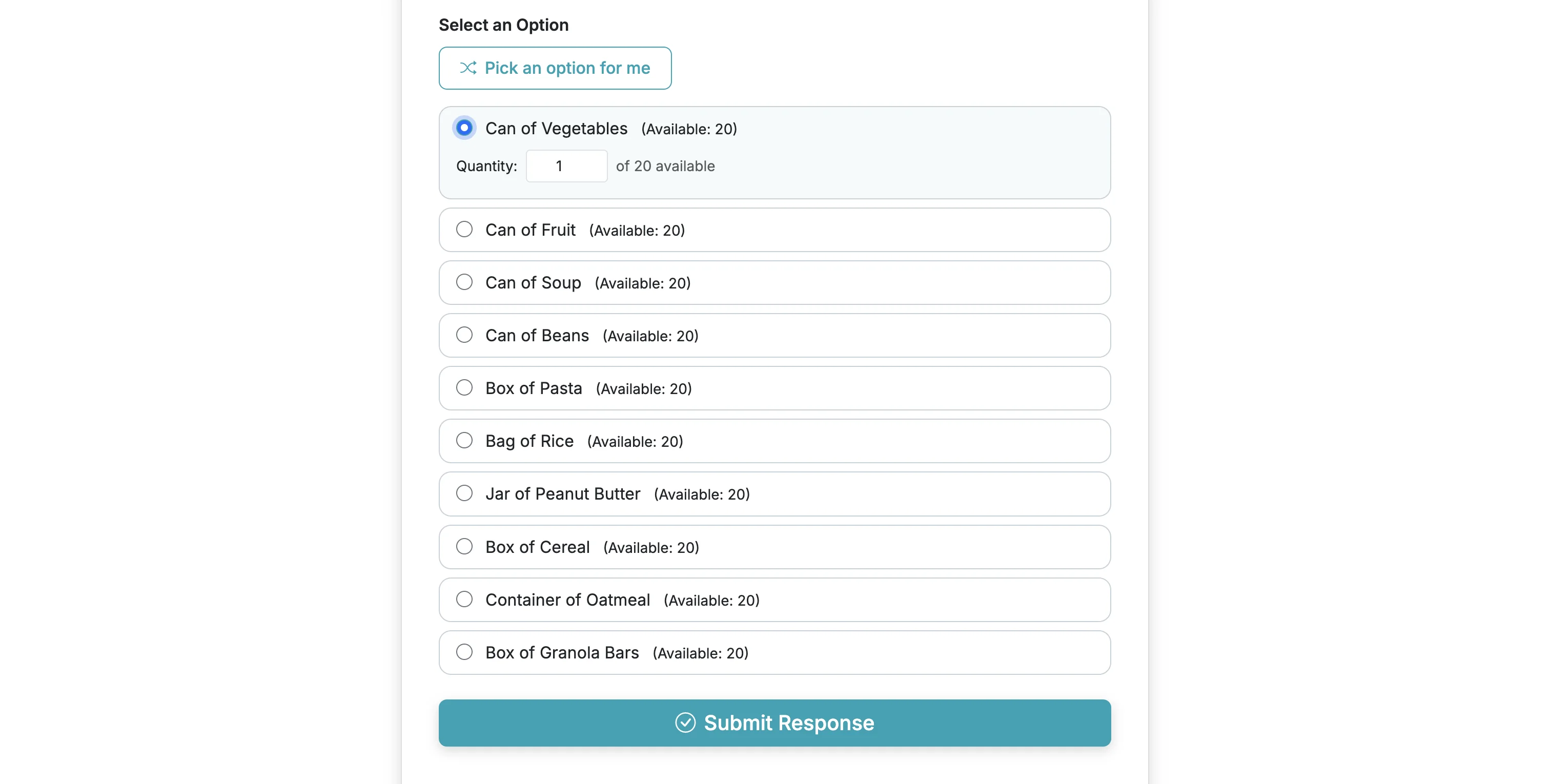 Screenshot showing If quantities are enabled, respondents will be able to enter the quantity they plan to bring/provide.
