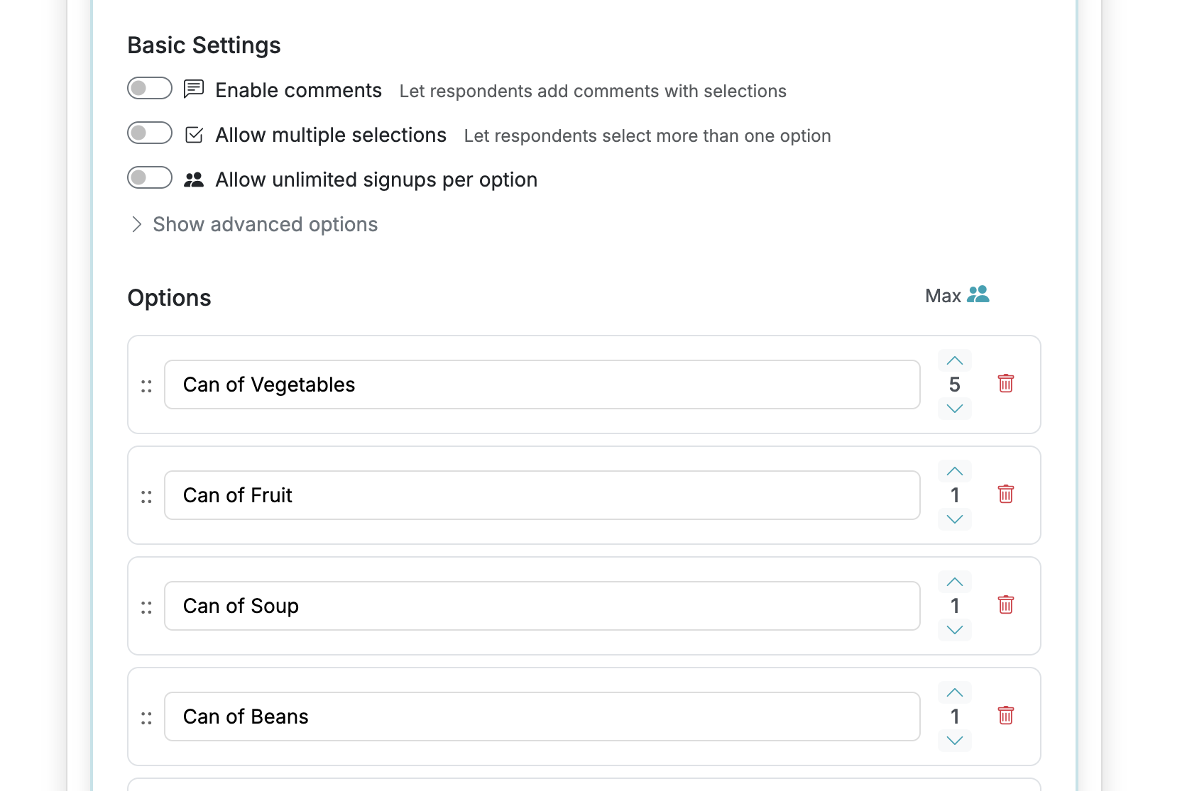 Screenshot showing Adjust the Max Responses to increase/decrease the number of responses available for a given option.