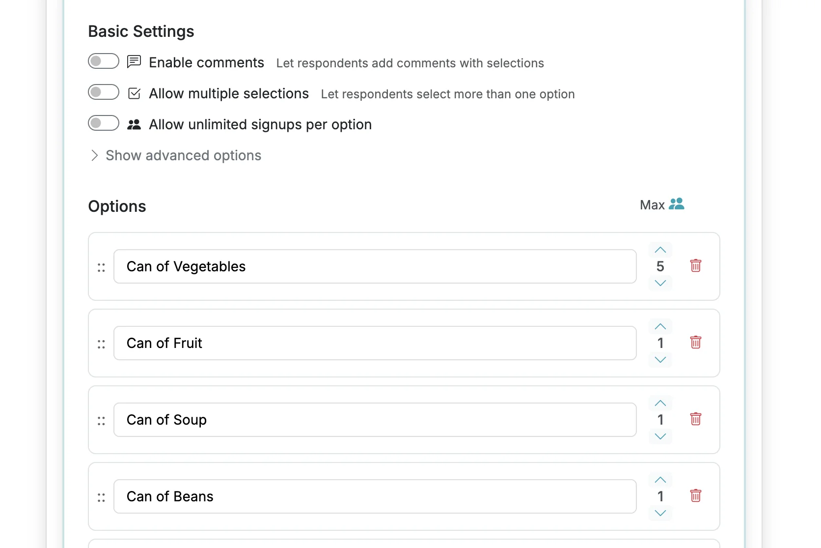 Screenshot showing Adjust the Max Responses to increase/decrease the number of responses available for a given option.
