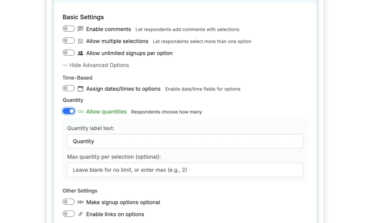 Screenshot showing To enable quantity selection, click on 'Show Advanced Options' and 'Allow Quantities'. This will also provide some additional options for labels and max quantity per respondent.