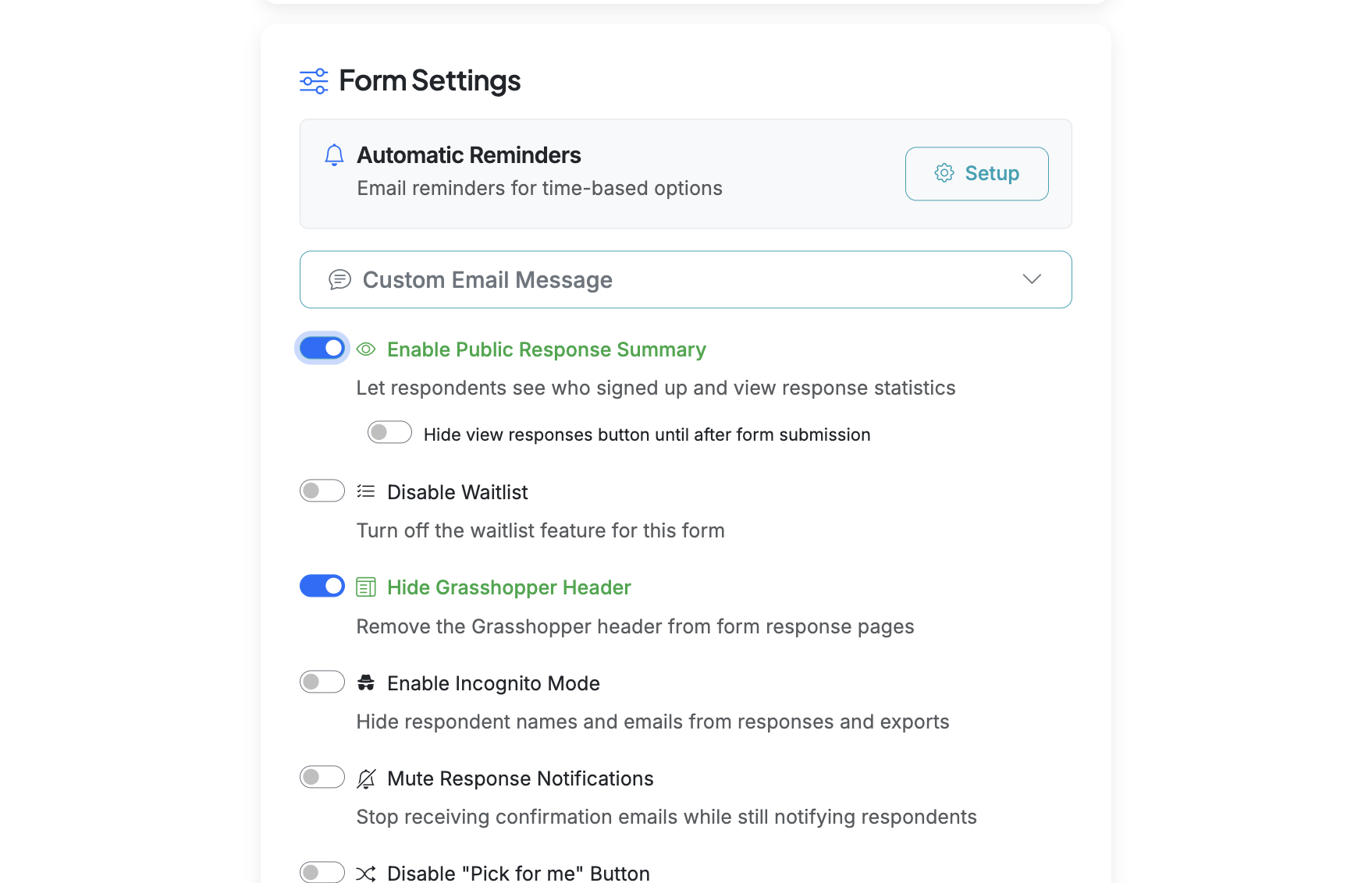 Screenshot showing Scroll down ot the Form Settings section and click "Enable Public Responses Summary". This will allow your respondents to view existing responses for your form.