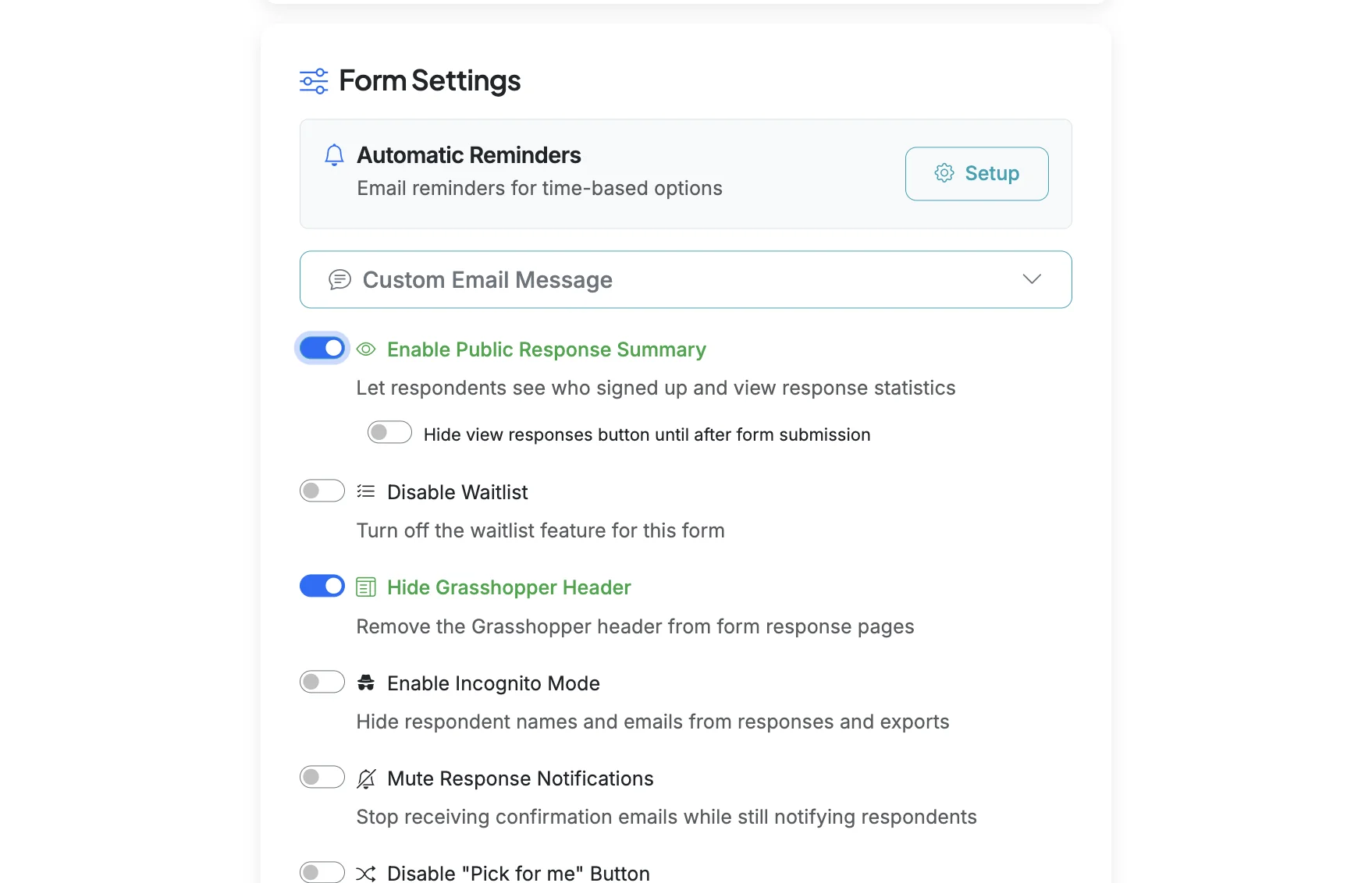 Screenshot showing Scroll down ot the Form Settings section and click "Enable Public Responses Summary". This will allow your respondents to view existing responses for your form.