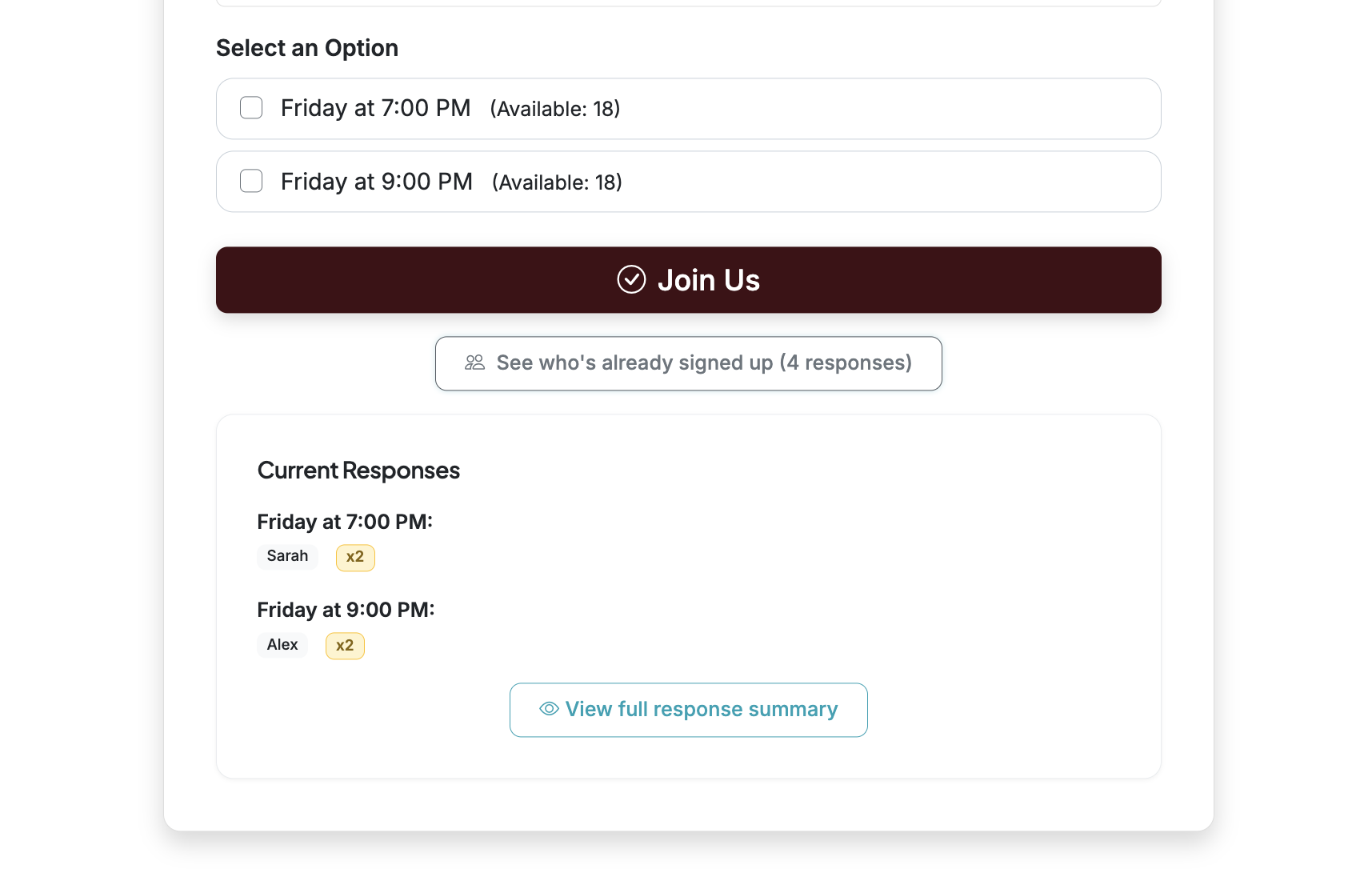 Screenshot showing Clicking "See who's already signed up" will expand a list of current responses and provide a link to the full public response summary page (a link to this page is also sent with their confirmation email after submitting a response).