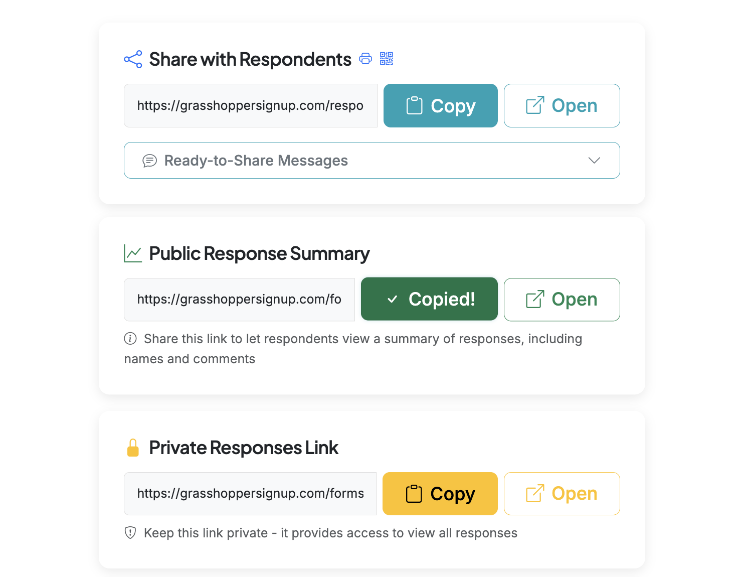 Screenshot showing A new section will appear for you with a link to your Public Response Summary that respondents can access, and details will also be shown on your form page.