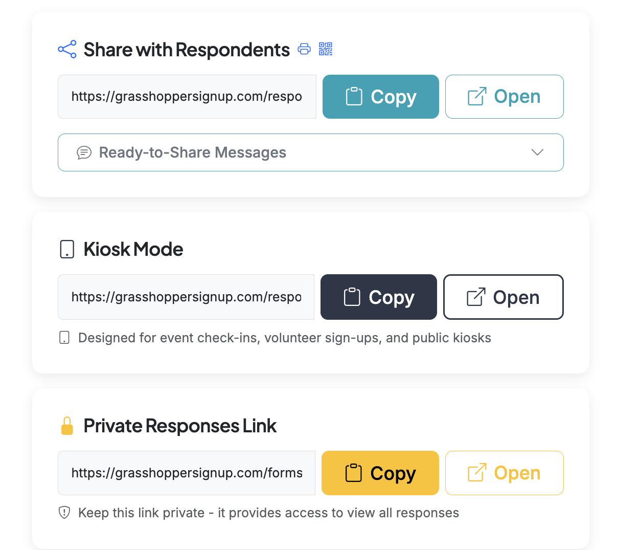 Screenshot showing A Kiosk Mode link will appear in your form links when Kiosk Mode is enabled. To display your form in Kiosk Mode for respondents, you will need to use this link.