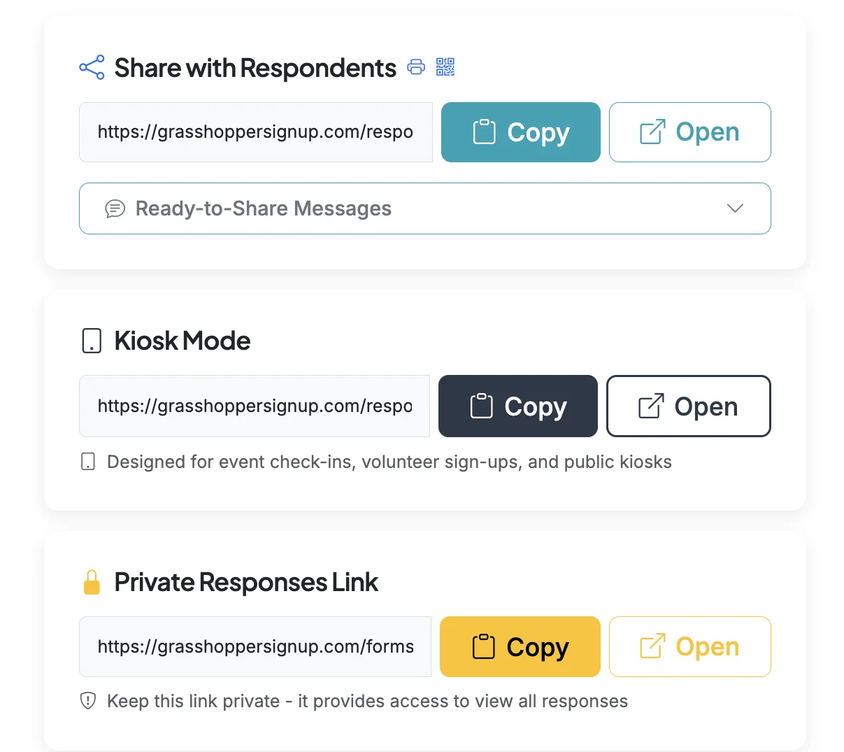Screenshot showing A Kiosk Mode link will appear in your form links when Kiosk Mode is enabled. To display your form in Kiosk Mode for respondents, you will need to use this link.