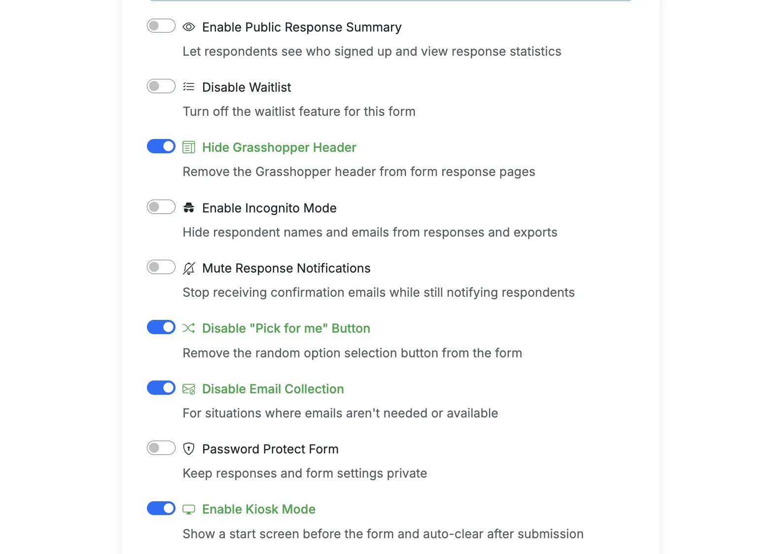 Screenshot showing Some common settings you may want to enable/adjust when using Kiosk Mode are 'Hide Grasshopper Header' and if you do not need to collect email addresses, you can 'Disable Email Collection'. Disabling email collection means respondents will NOT receive any email confirmations for their selections.
