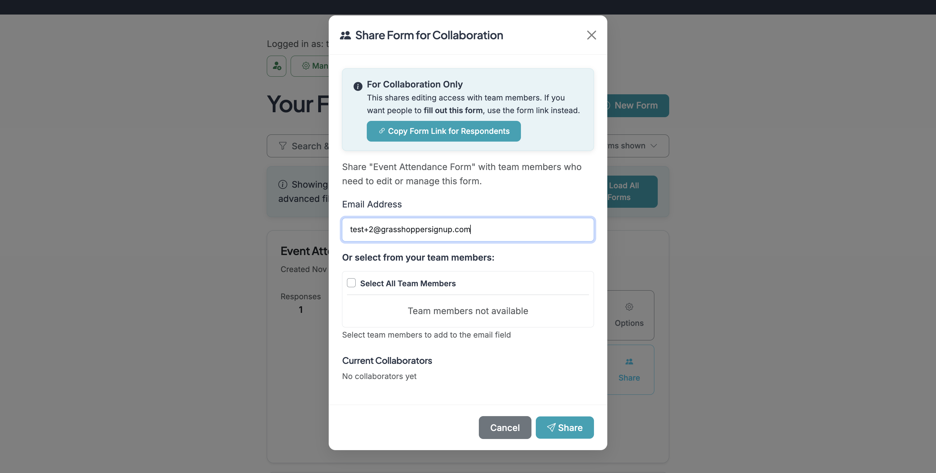 Screenshot showing Add collaborators and click 'Share' to share your form.