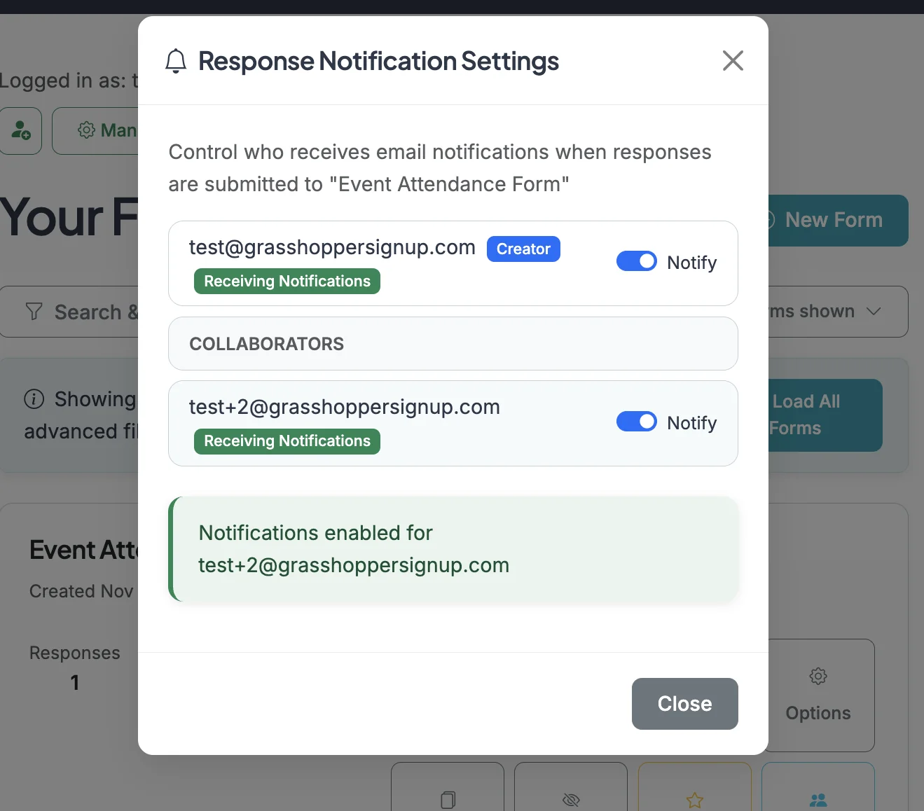 Screenshot showing Notifications for collaborators are OFF by default. In the Notification Settings, you can turn notifications ON for any form collaborators. Enabling notifications will send users response confirmations when form responses are submitted. Collaborators will also be able to manage their own notification settings in their Dashboard.