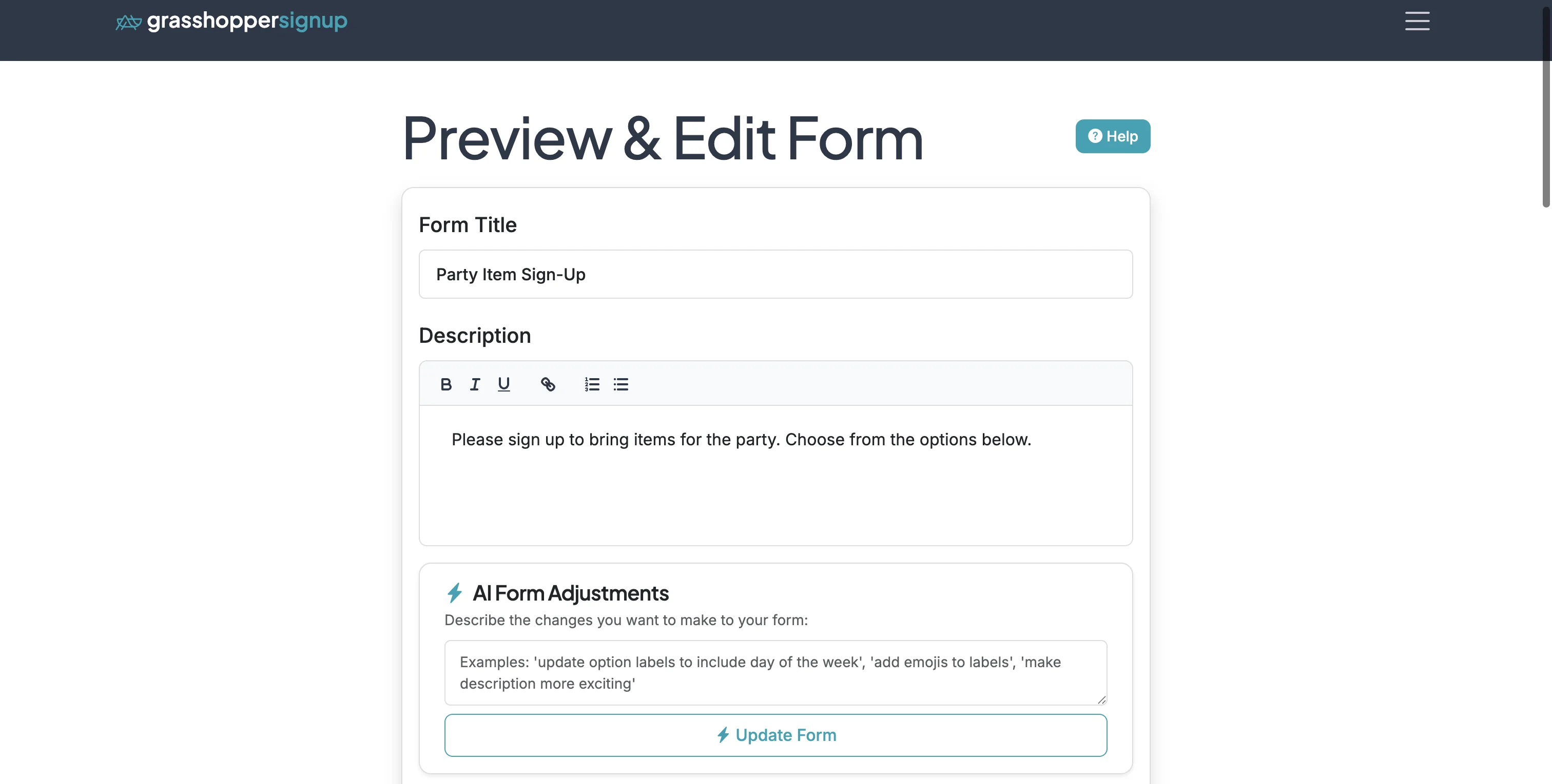 Screenshot showing Start on the Edit page for your form.