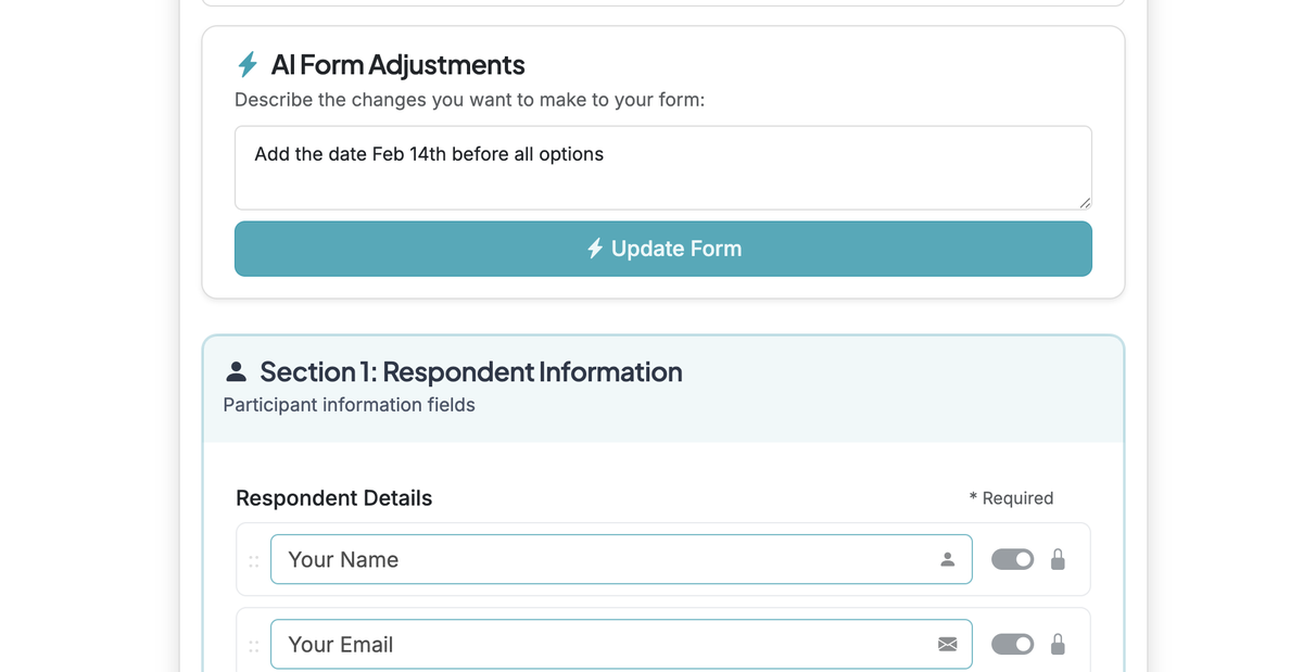 Screenshot showing Scroll to the AI Form Adjustments section on the Edit page of your form. Type in a clear description of what you want to update for your form options.