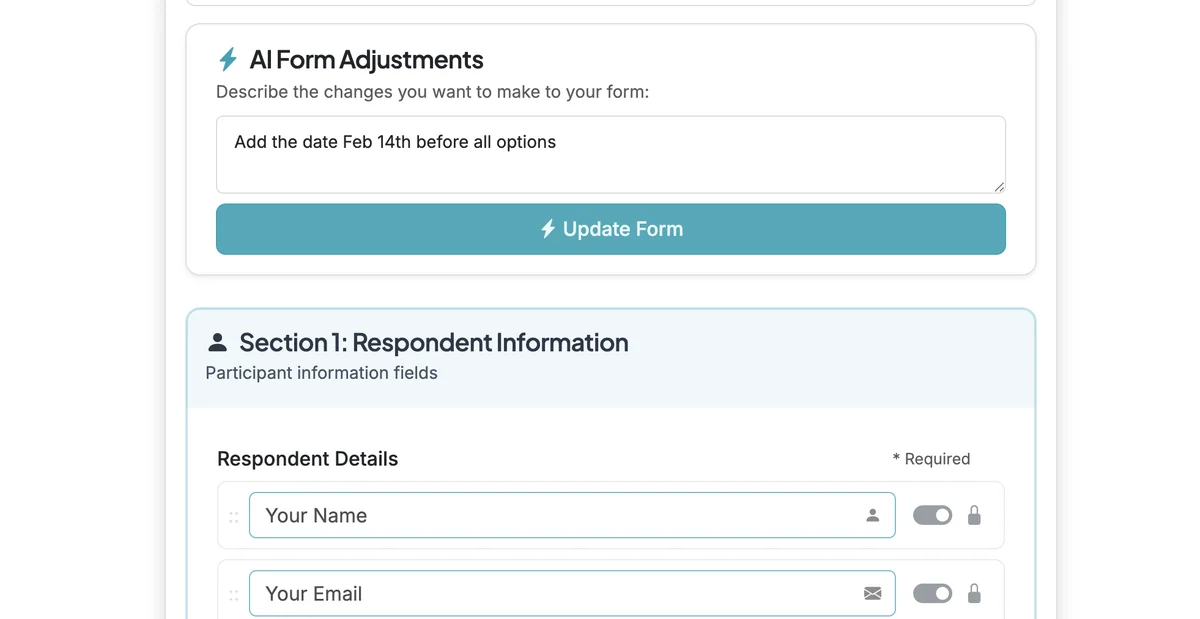Screenshot showing Scroll to the AI Form Adjustments section on the Edit page of your form. Type in a clear description of what you want to update for your form options.