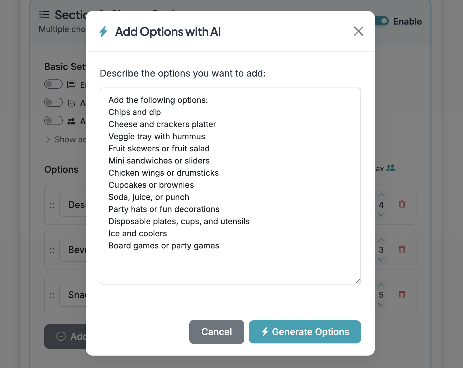 Screenshot showing Type or paste in the options you want to add. You can try to add a very long list, but you may need to break the list up into multiple parts if the AI has timeout issues and is unable to add all options at once.