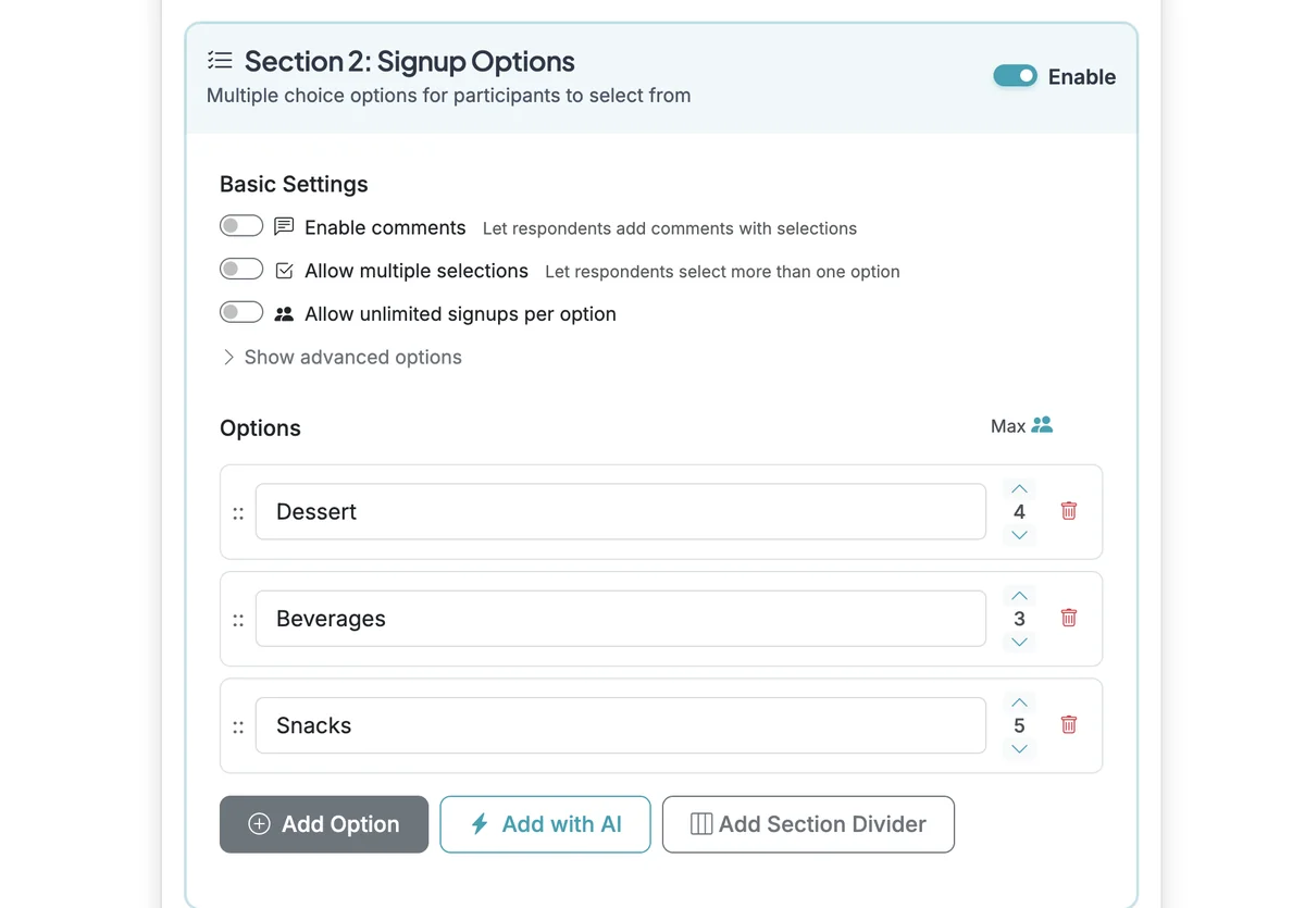 Screenshot showing Scroll down to Signup Options and click 'Add with AI'