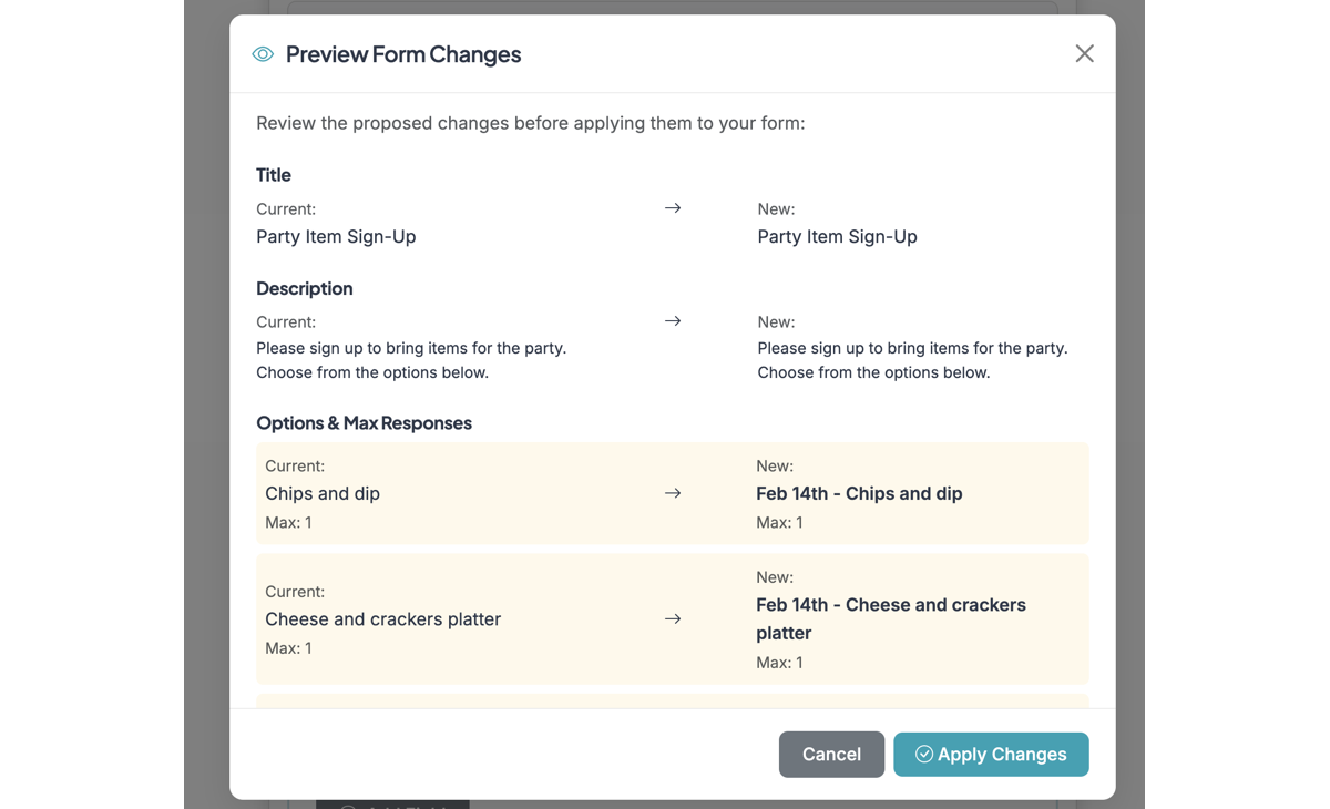 Screenshot showing The AI will provide a preview of changes to your form to review before applying to your form.