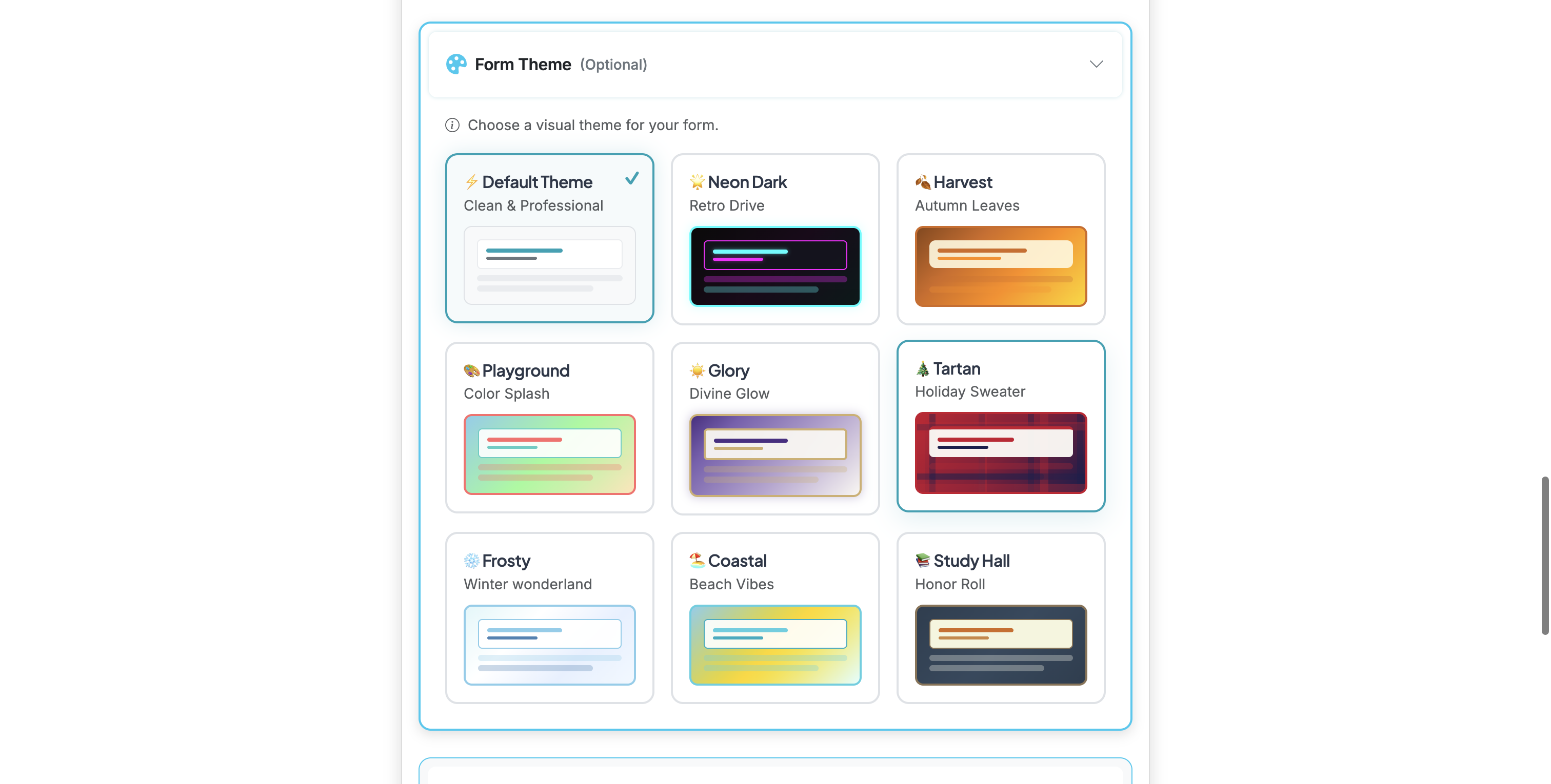Screenshot showing Select from available themes. Themes will be applied immediately so you can check out the look and feel of each unique theme. Themes are frequently added and rotated, so don't hesitate to reach out if you have ideas or requests for new themes.