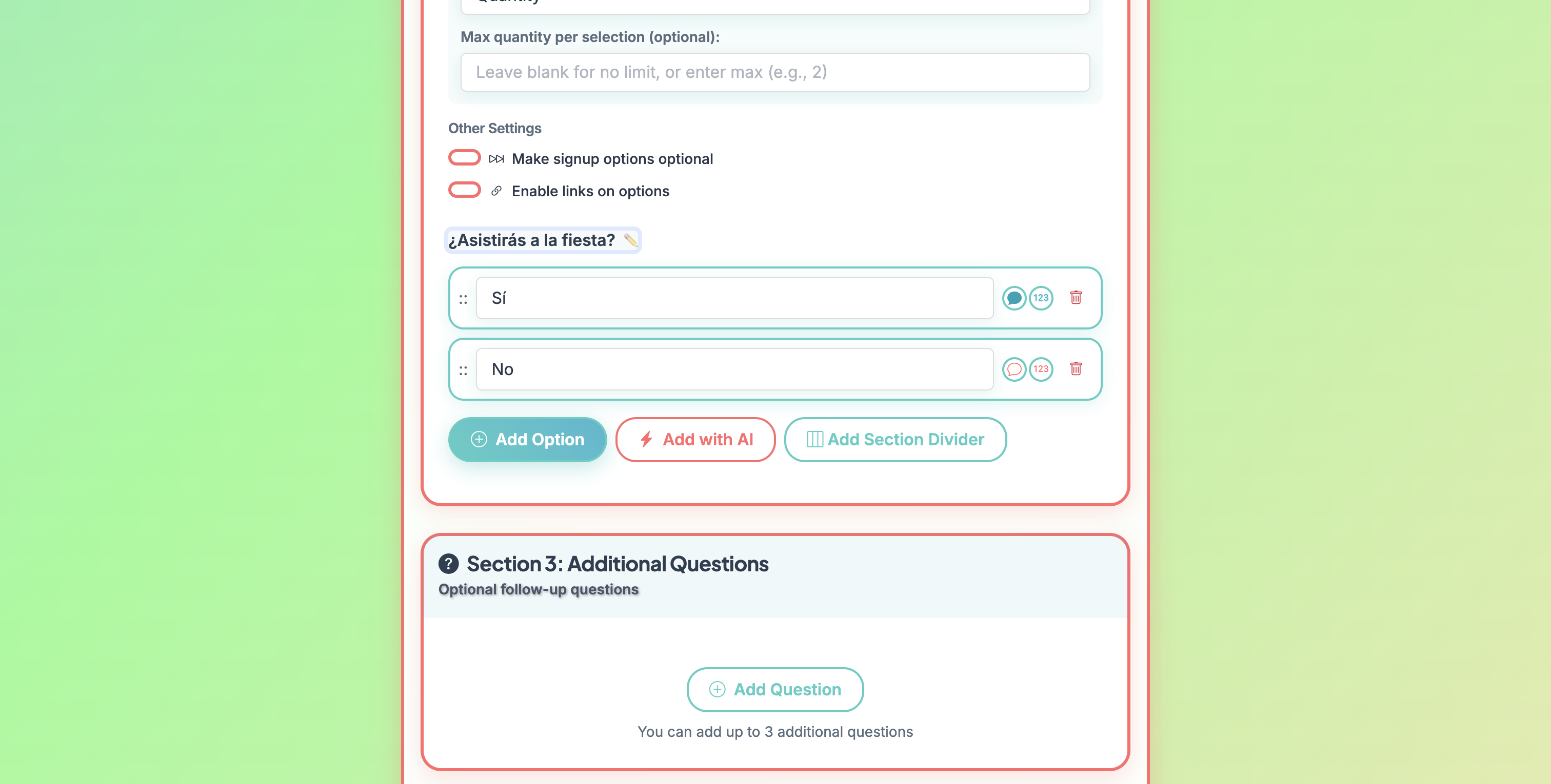 Screenshot showing In the Section 2: Signup Options. You can select the text for "Options" and edit the label of this section.