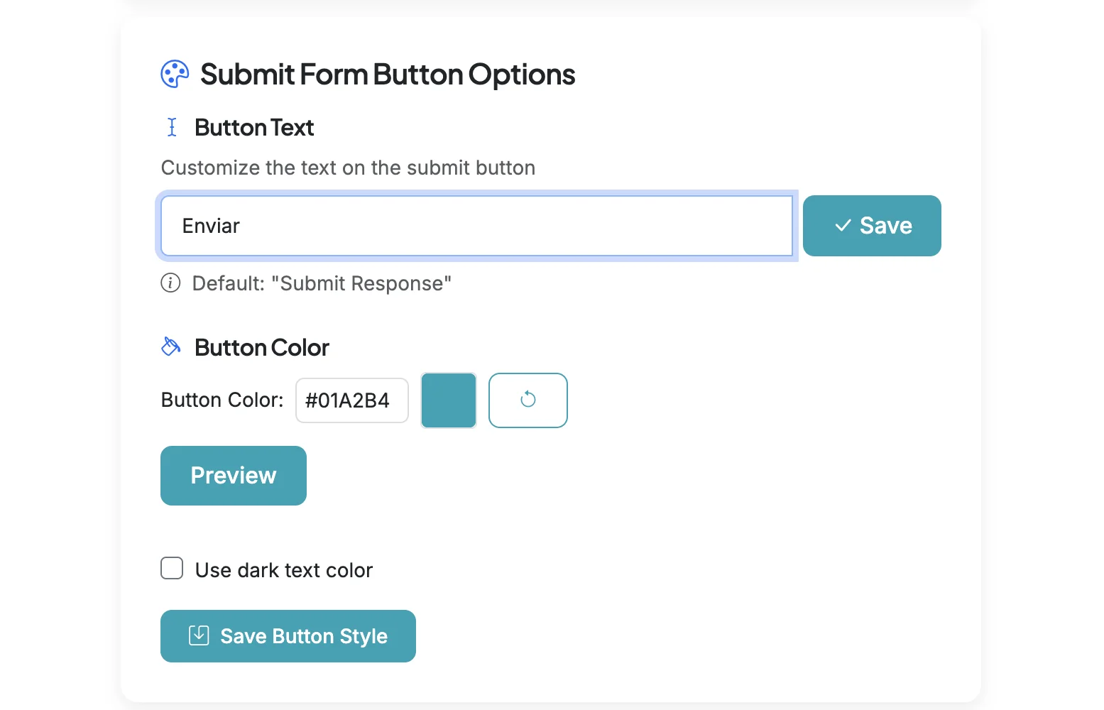 Screenshot showing Scroll down to the 'Submit Form Button Options' section. In this section you can customize the text label shown on the Submit button for your form.