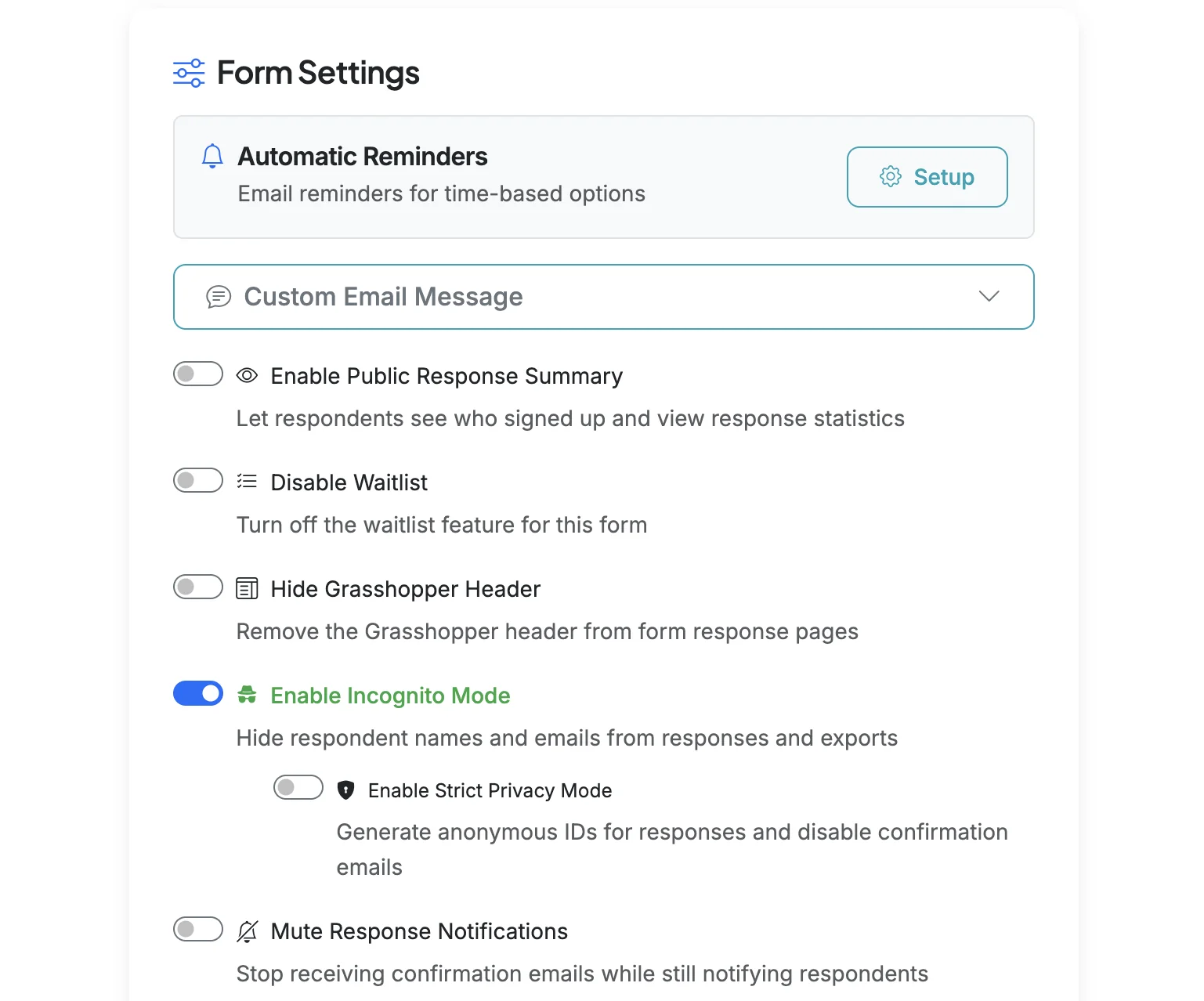 Screenshot showing Scroll down to Form Settings and 'Enable Incognito Mode'