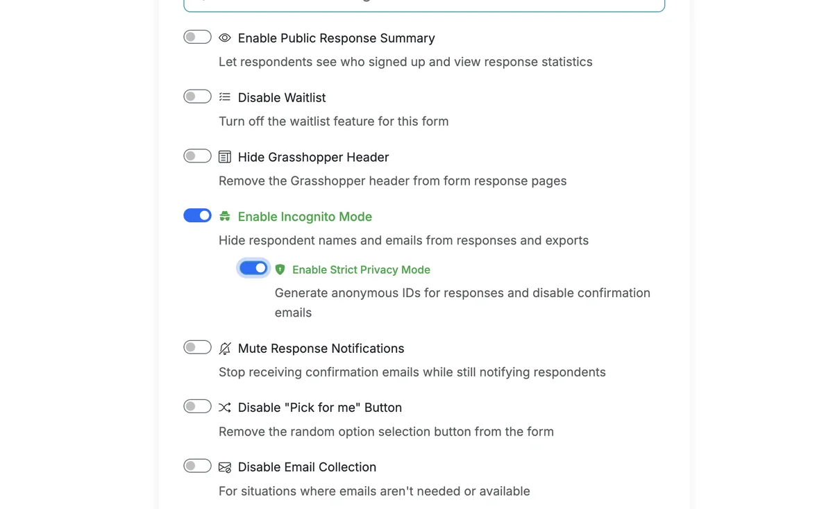 Screenshot showing On the Form Options page, select 'Enable Strict Privacy Mode'.