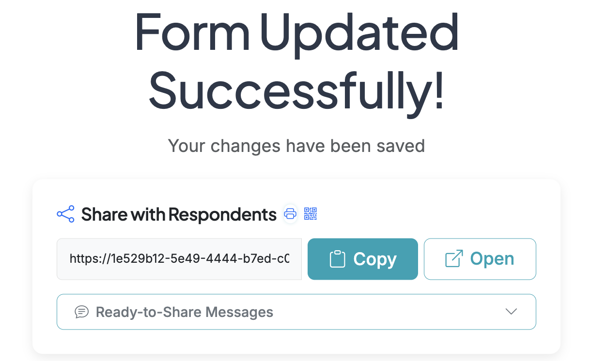 Screenshot showing Go to the Form Options page for your form. Click on the QR code near the shareable link for your form.
